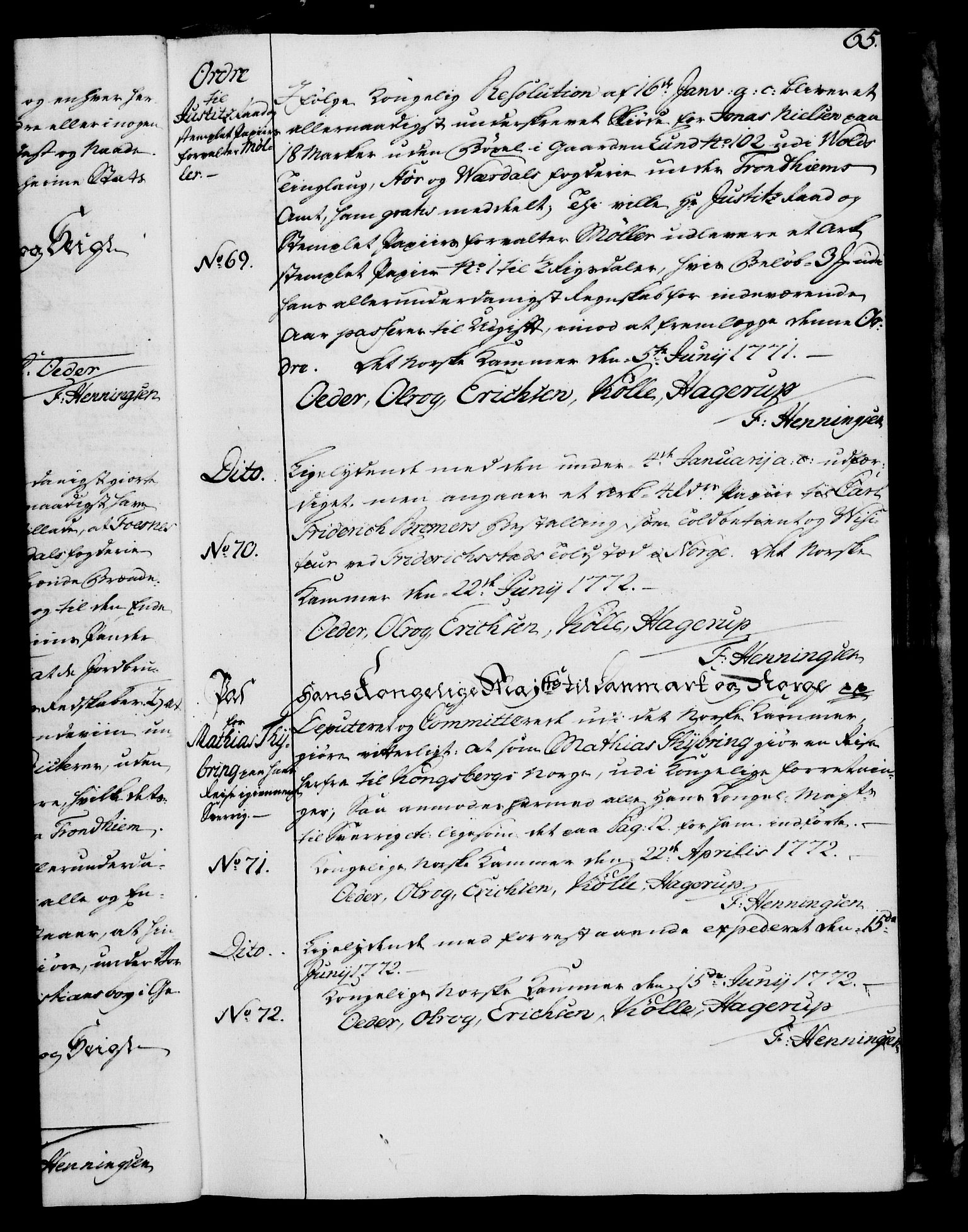 Rentekammeret, Kammerkanselliet, RA/EA-3111/G/Gg/Gga/L0009: Norsk ekspedisjonsprotokoll med register (merket RK 53.9), 1771-1773, s. 65