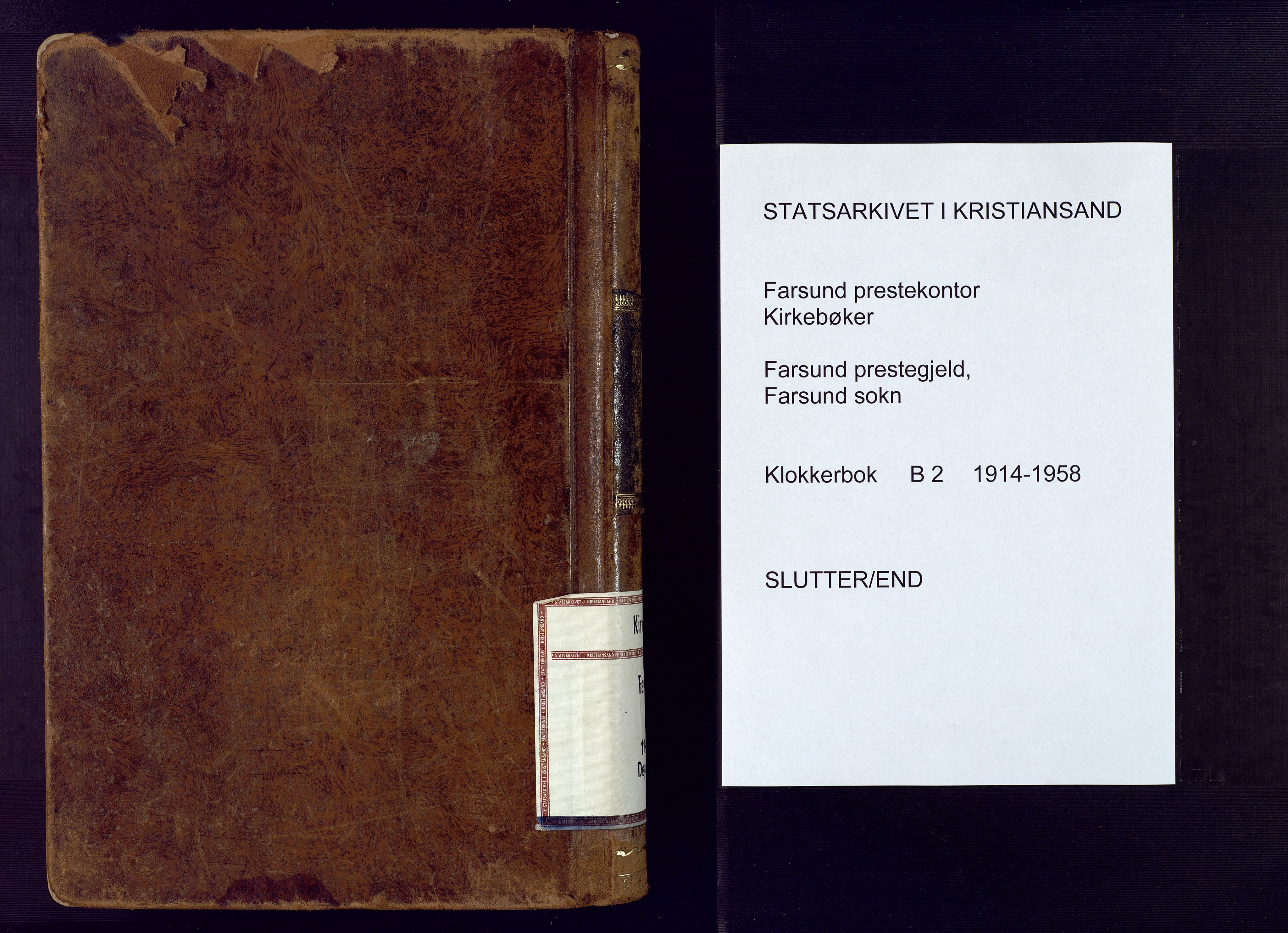 Farsund sokneprestkontor, AV/SAK-1111-0009/F/Fb/L0002: Klokkerbok nr. B 2, 1914-1958