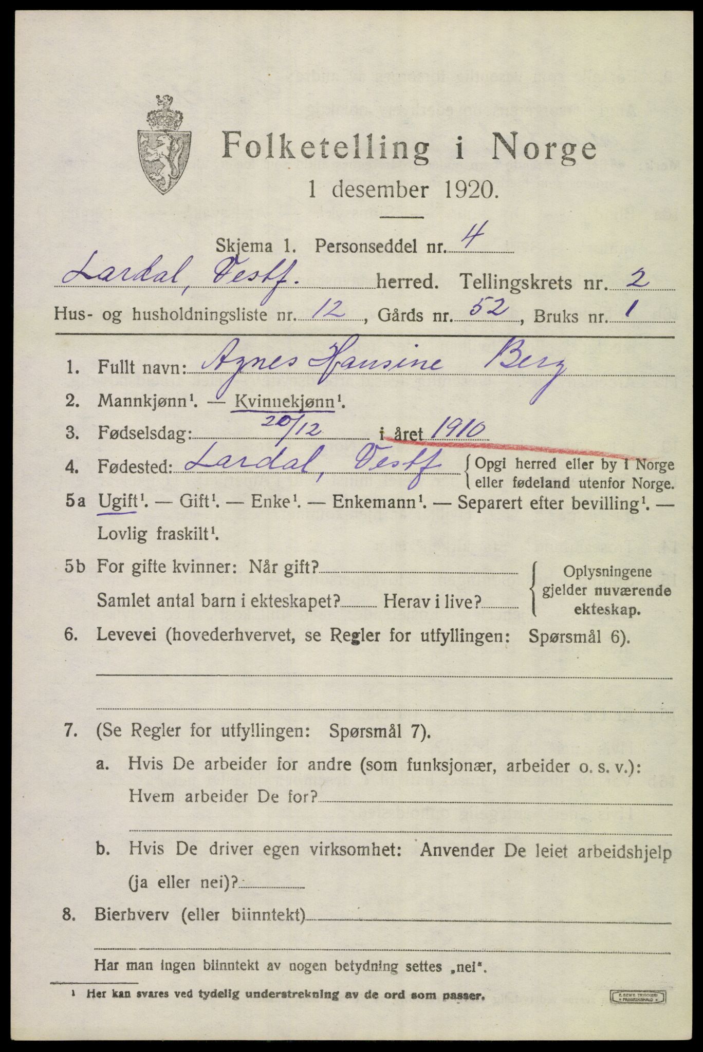 SAKO, Folketelling 1920 for 0728 Lardal herred, 1920, s. 2115