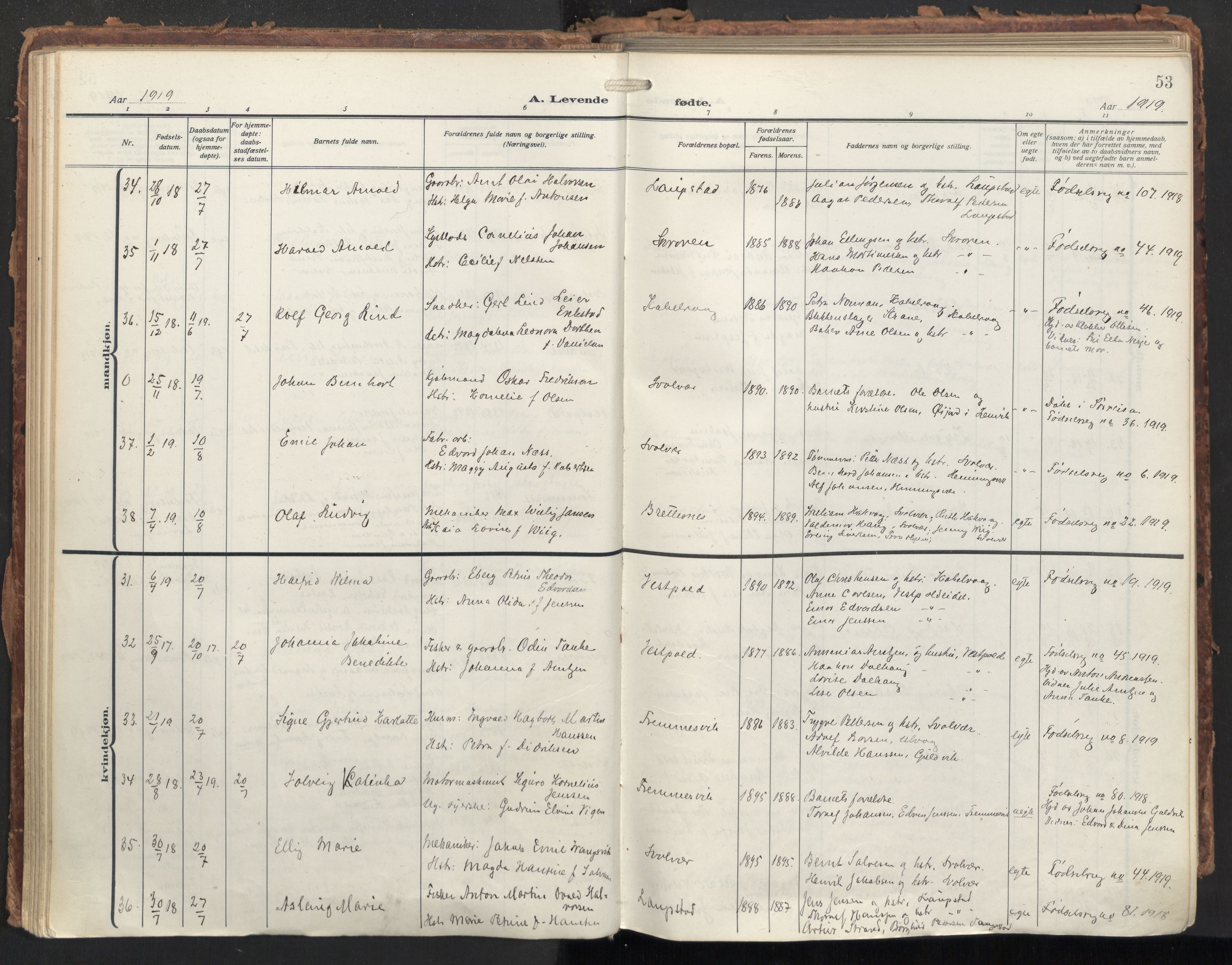 Ministerialprotokoller, klokkerbøker og fødselsregistre - Nordland, AV/SAT-A-1459/874/L1064: Ministerialbok nr. 874A08, 1915-1926, s. 53