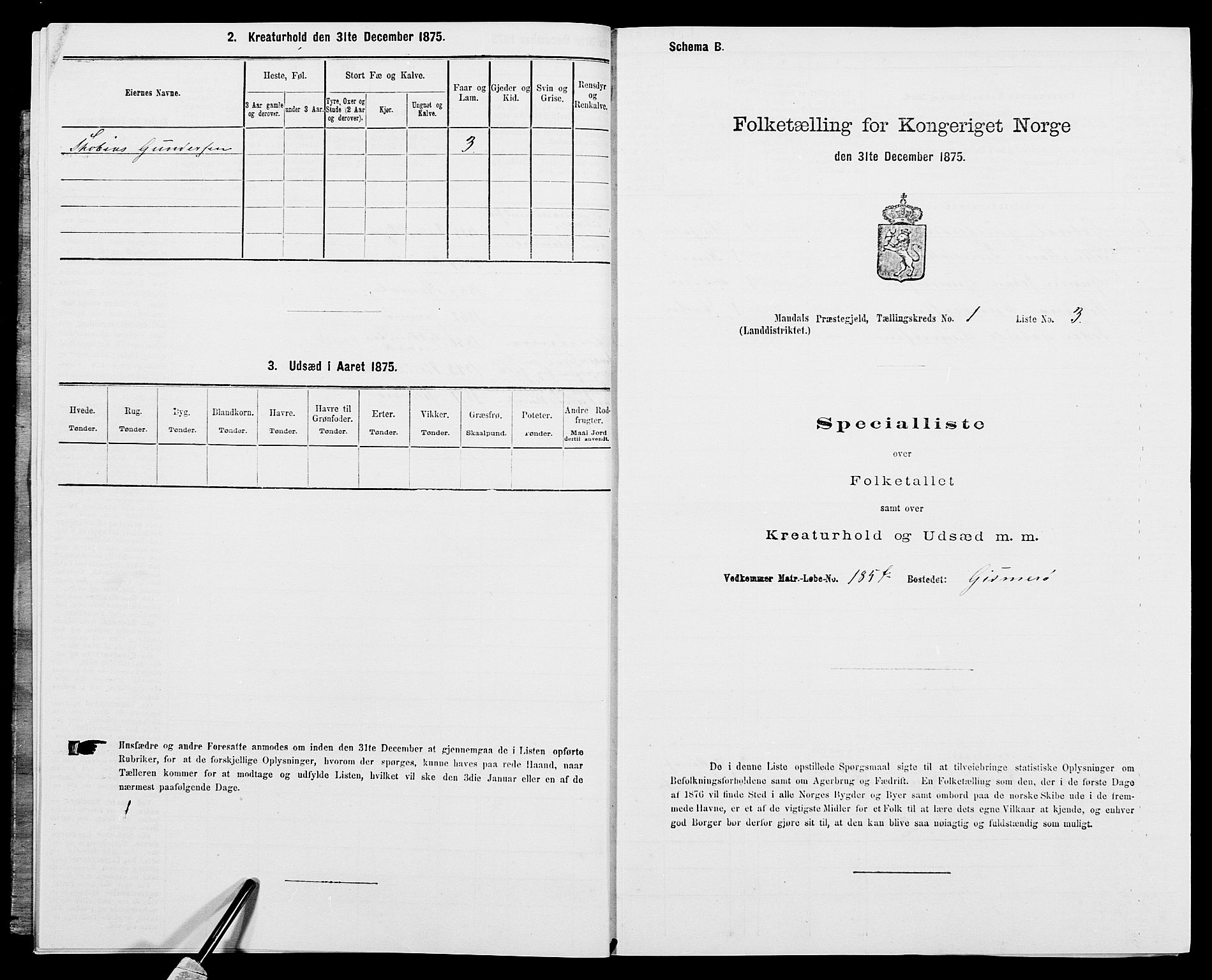 SAK, Folketelling 1875 for 1019L Mandal prestegjeld, Halse sokn og Harkmark sokn, 1875, s. 62