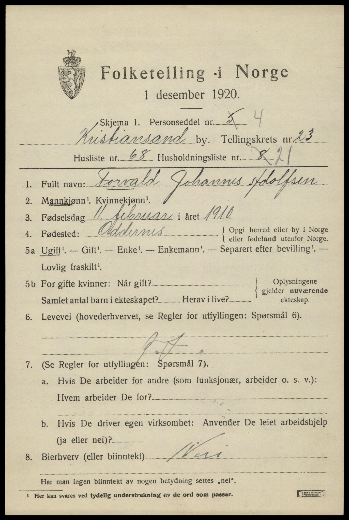 SAK, Folketelling 1920 for 1001 Kristiansand kjøpstad, 1920, s. 41741
