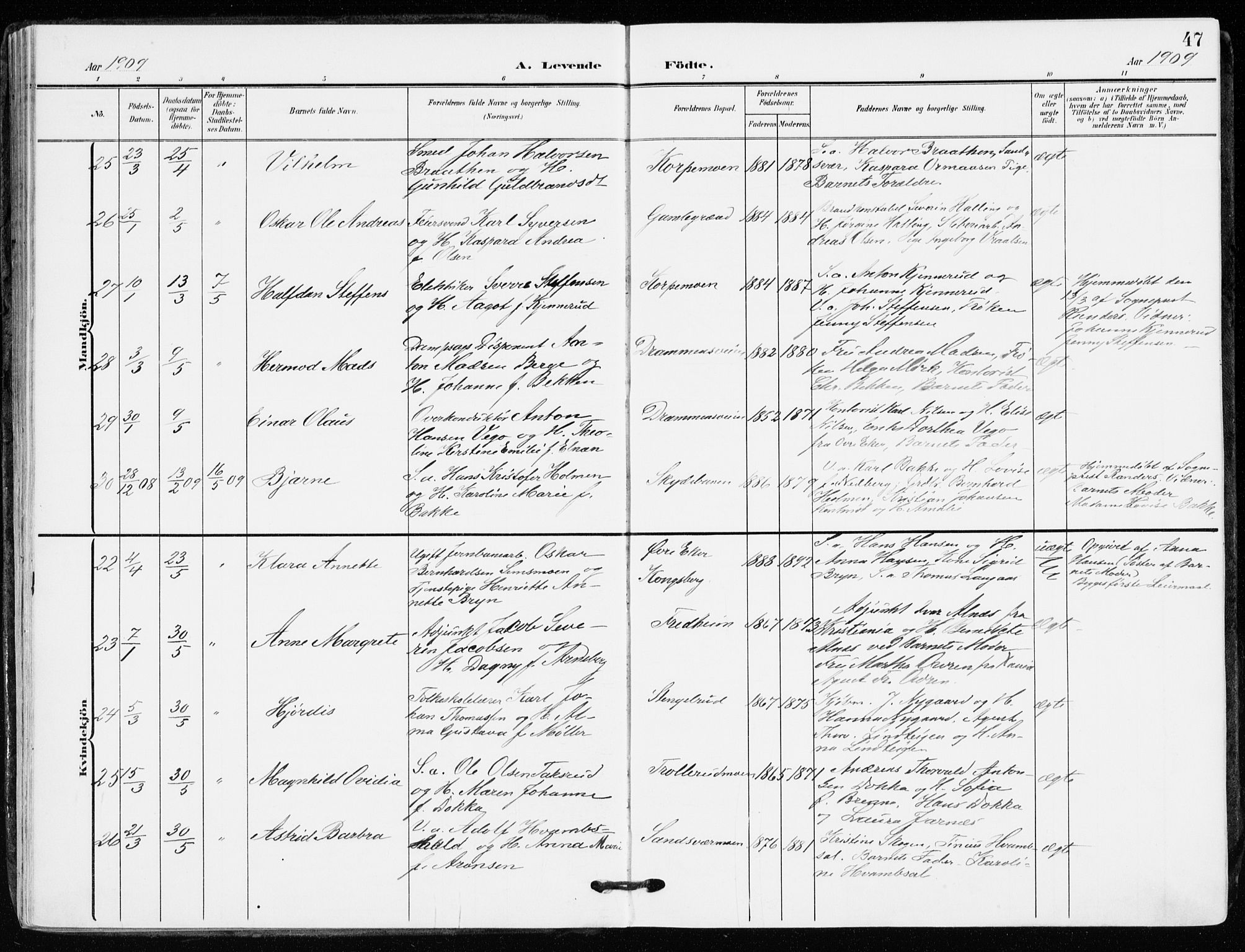 Kongsberg kirkebøker, AV/SAKO-A-22/F/Fb/L0004: Ministerialbok nr. II 4, 1906-1918, s. 47