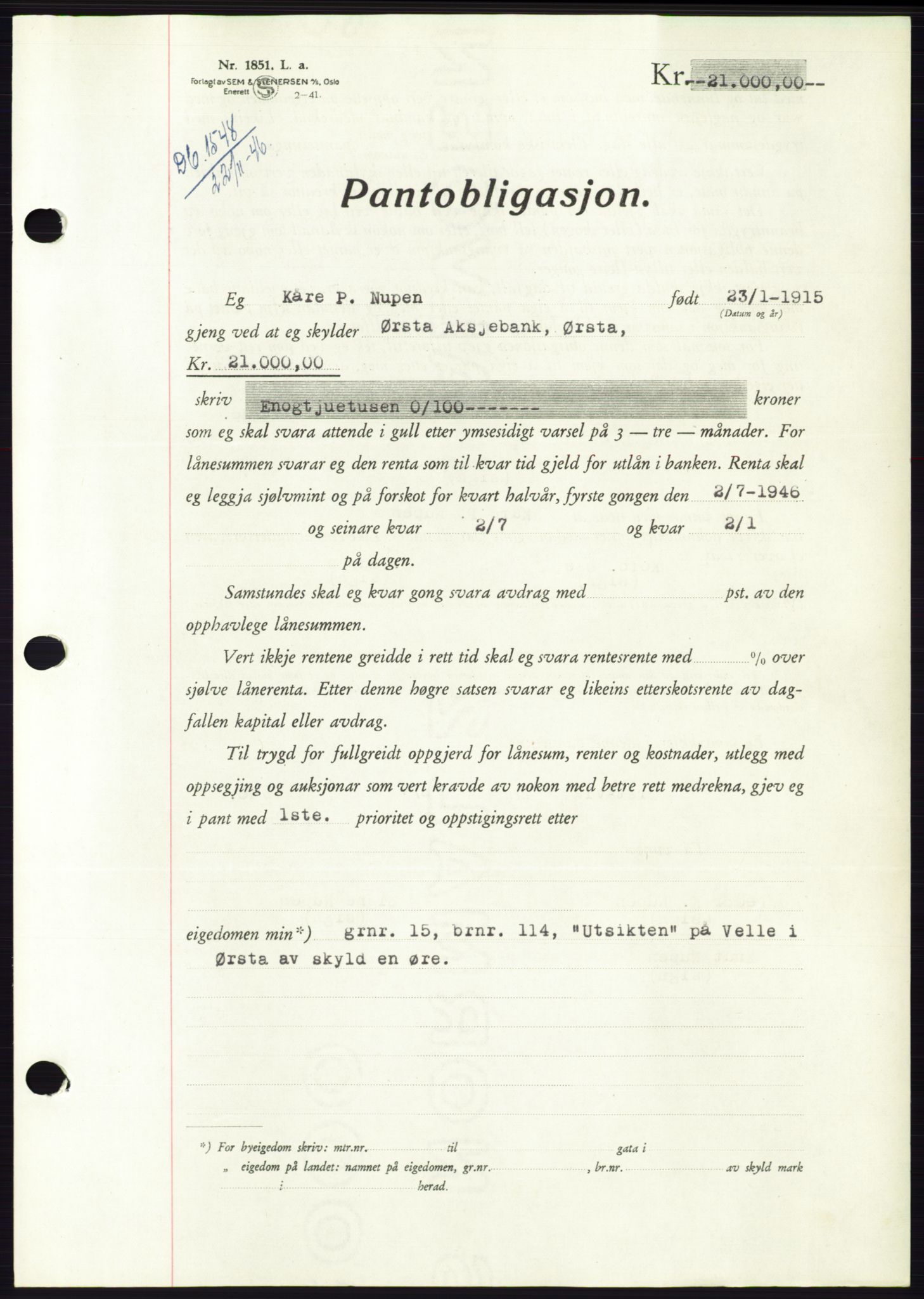 Søre Sunnmøre sorenskriveri, AV/SAT-A-4122/1/2/2C/L0114: Pantebok nr. 1-2B, 1943-1947, Dagboknr: 1548/1946