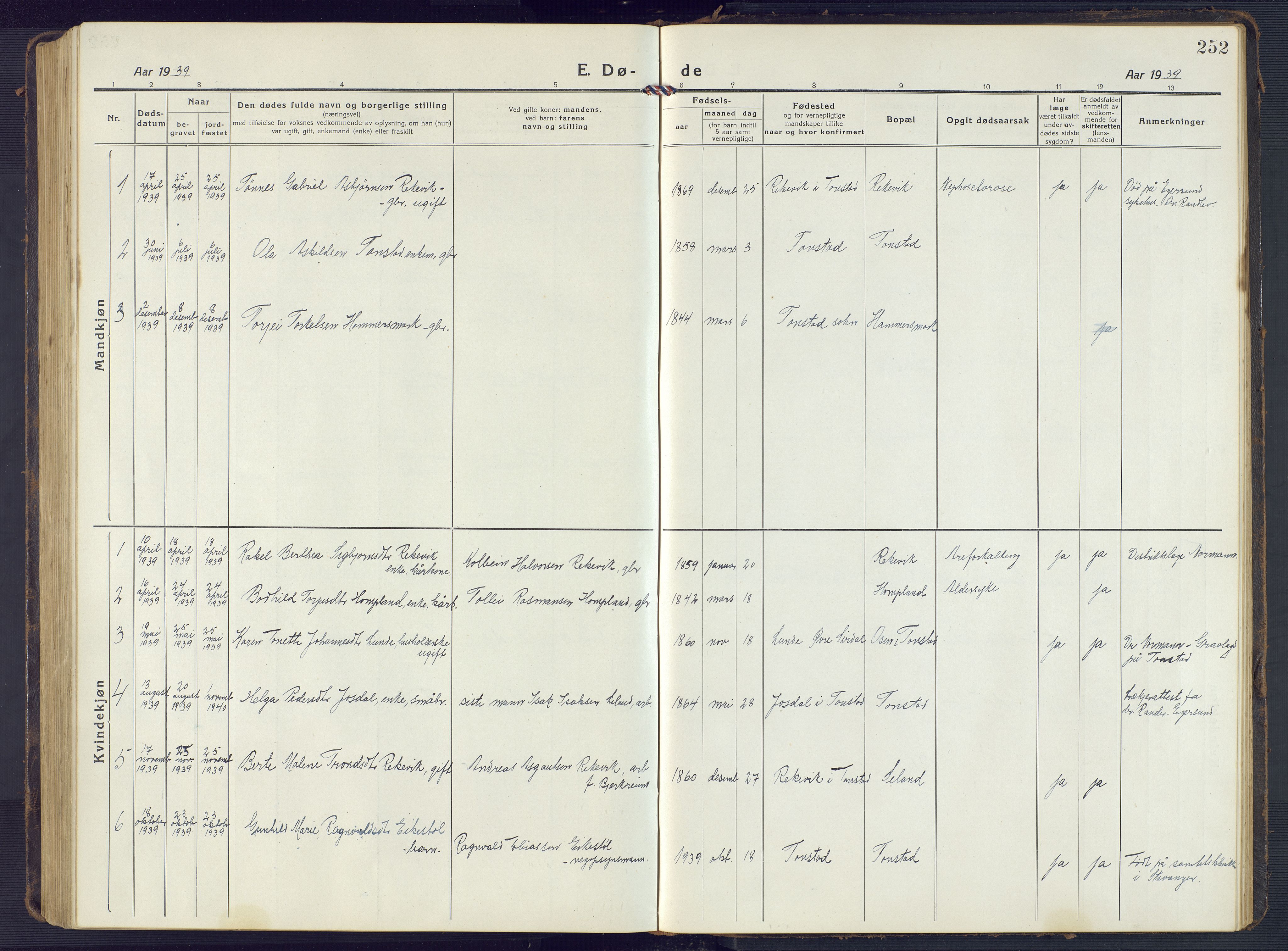 Sirdal sokneprestkontor, SAK/1111-0036/F/Fb/Fbb/L0005: Klokkerbok nr. B 5, 1916-1960, s. 252