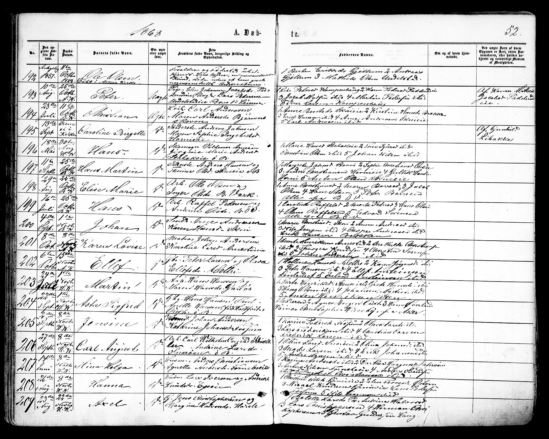 Asker prestekontor Kirkebøker, AV/SAO-A-10256a/F/Fa/L0008: Ministerialbok nr. I 8, 1865-1878, s. 52