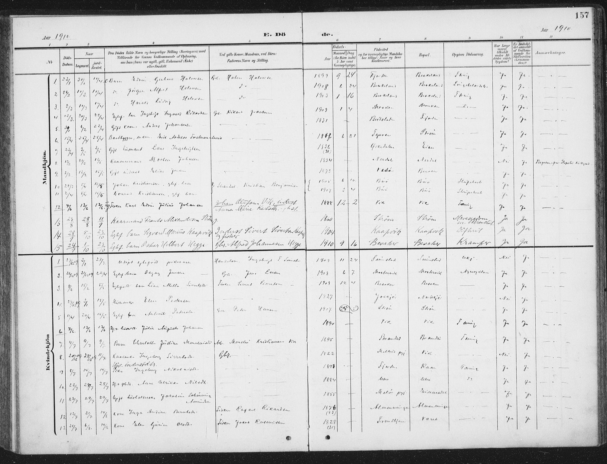 Ministerialprotokoller, klokkerbøker og fødselsregistre - Sør-Trøndelag, AV/SAT-A-1456/657/L0709: Ministerialbok nr. 657A10, 1905-1919, s. 157