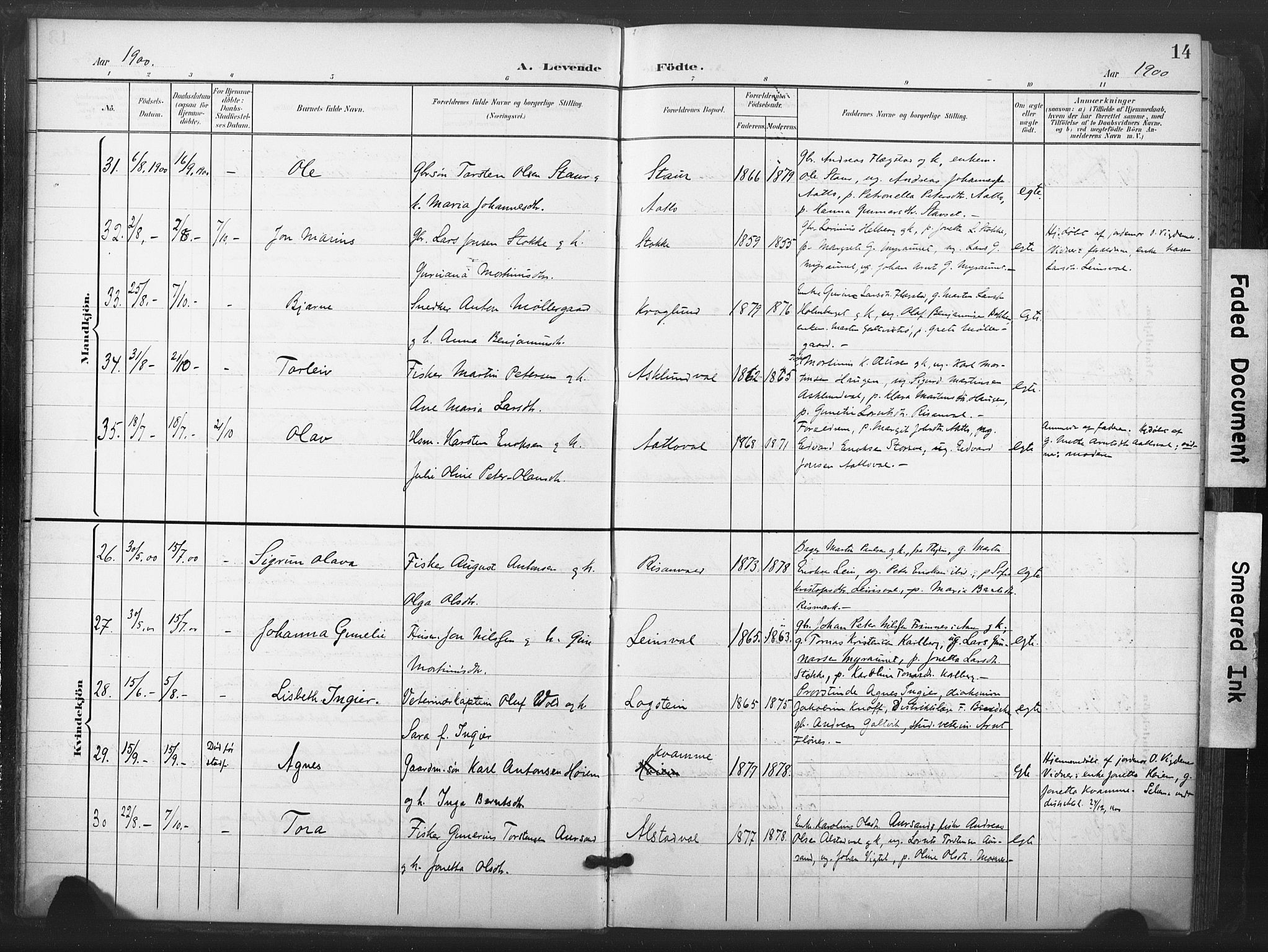 Ministerialprotokoller, klokkerbøker og fødselsregistre - Nord-Trøndelag, AV/SAT-A-1458/713/L0122: Ministerialbok nr. 713A11, 1899-1910, s. 14