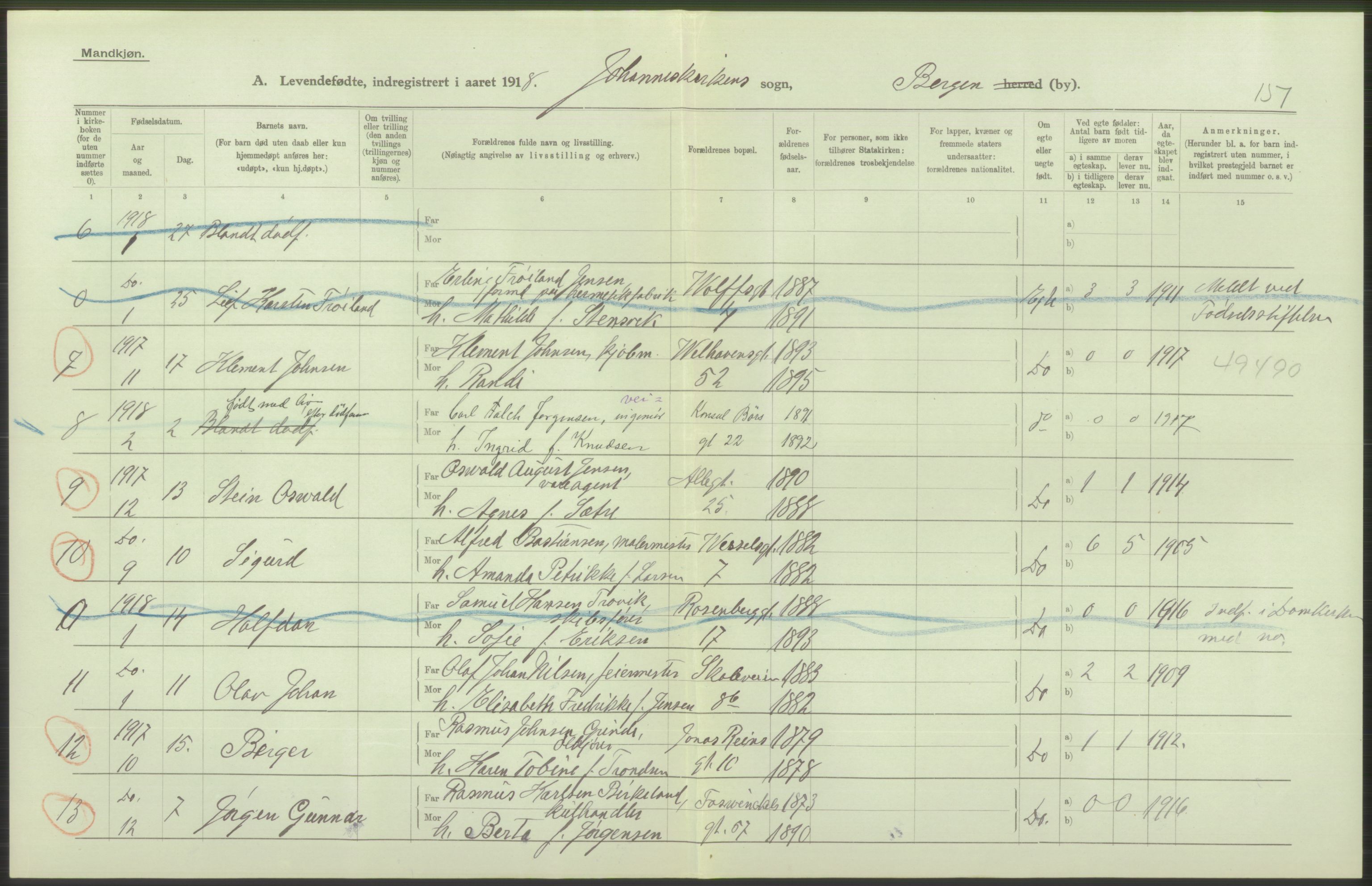 Statistisk sentralbyrå, Sosiodemografiske emner, Befolkning, AV/RA-S-2228/D/Df/Dfb/Dfbh/L0037: Bergen: Levendefødte menn og kvinner., 1918, s. 452