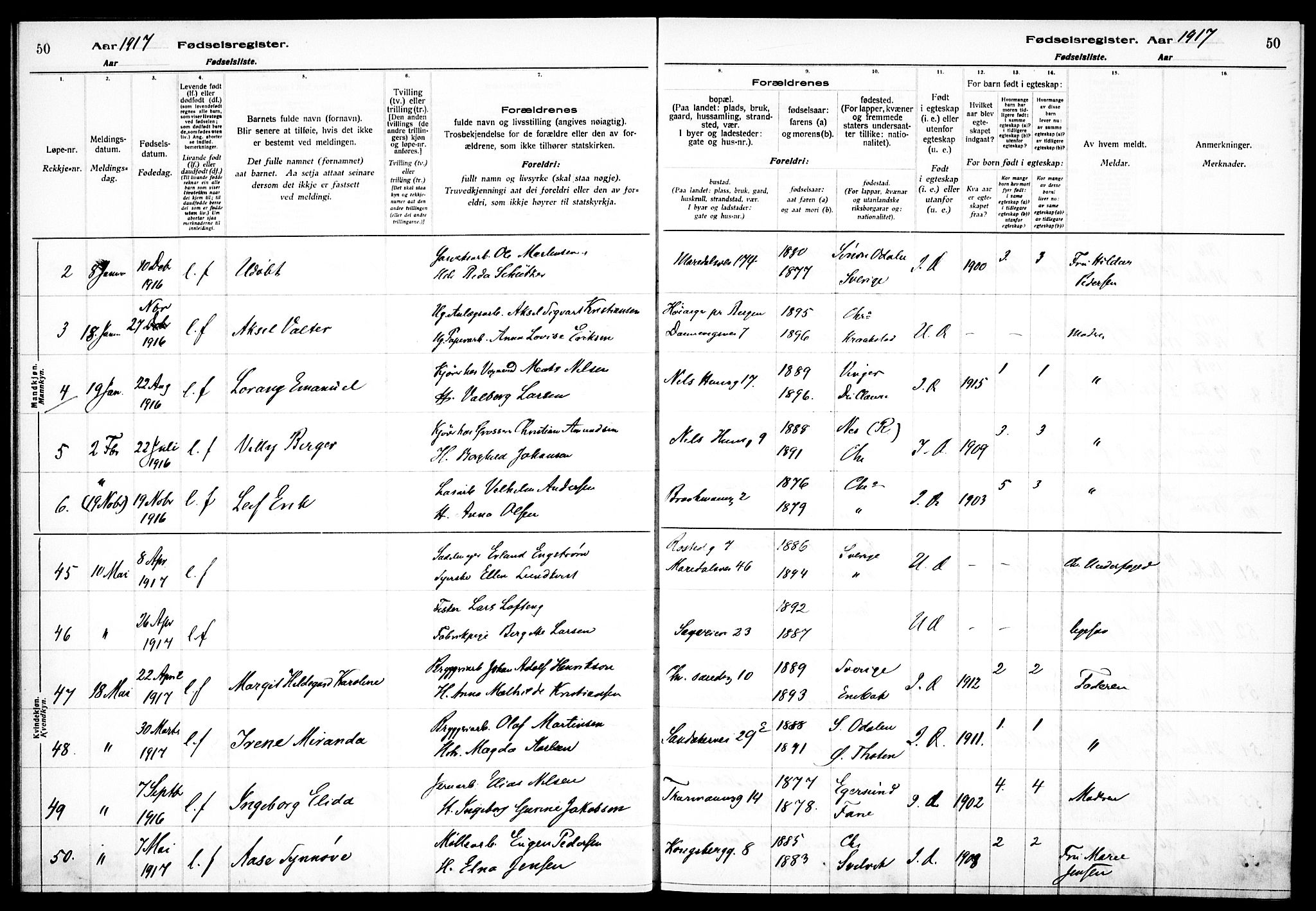Sagene prestekontor Kirkebøker, AV/SAO-A-10796/J/L0001: Fødselsregister nr. 1, 1916-1920, s. 50