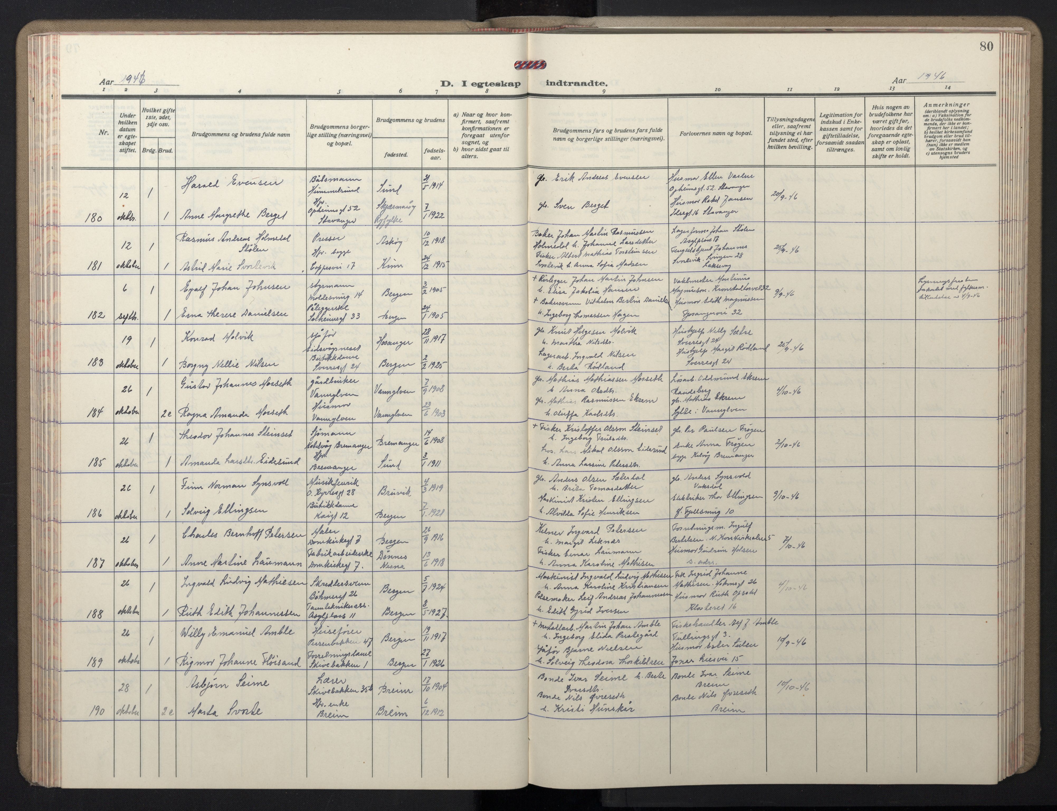 Domkirken sokneprestembete, AV/SAB-A-74801/H/Hab/L0035: Klokkerbok nr. D 7, 1941-1953, s. 80