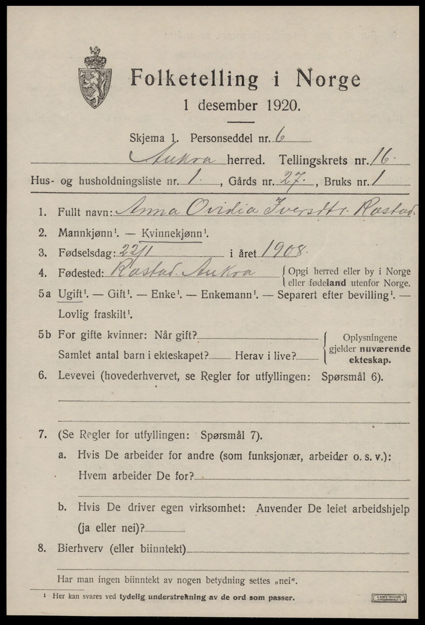 SAT, Folketelling 1920 for 1545 Aukra herred, 1920, s. 6943