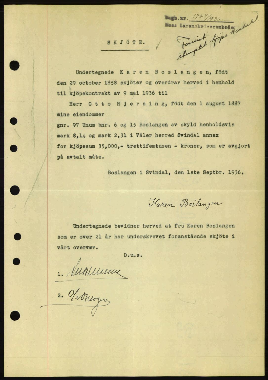 Moss sorenskriveri, SAO/A-10168: Pantebok nr. A1, 1936-1936, Dagboknr: 1764/1936