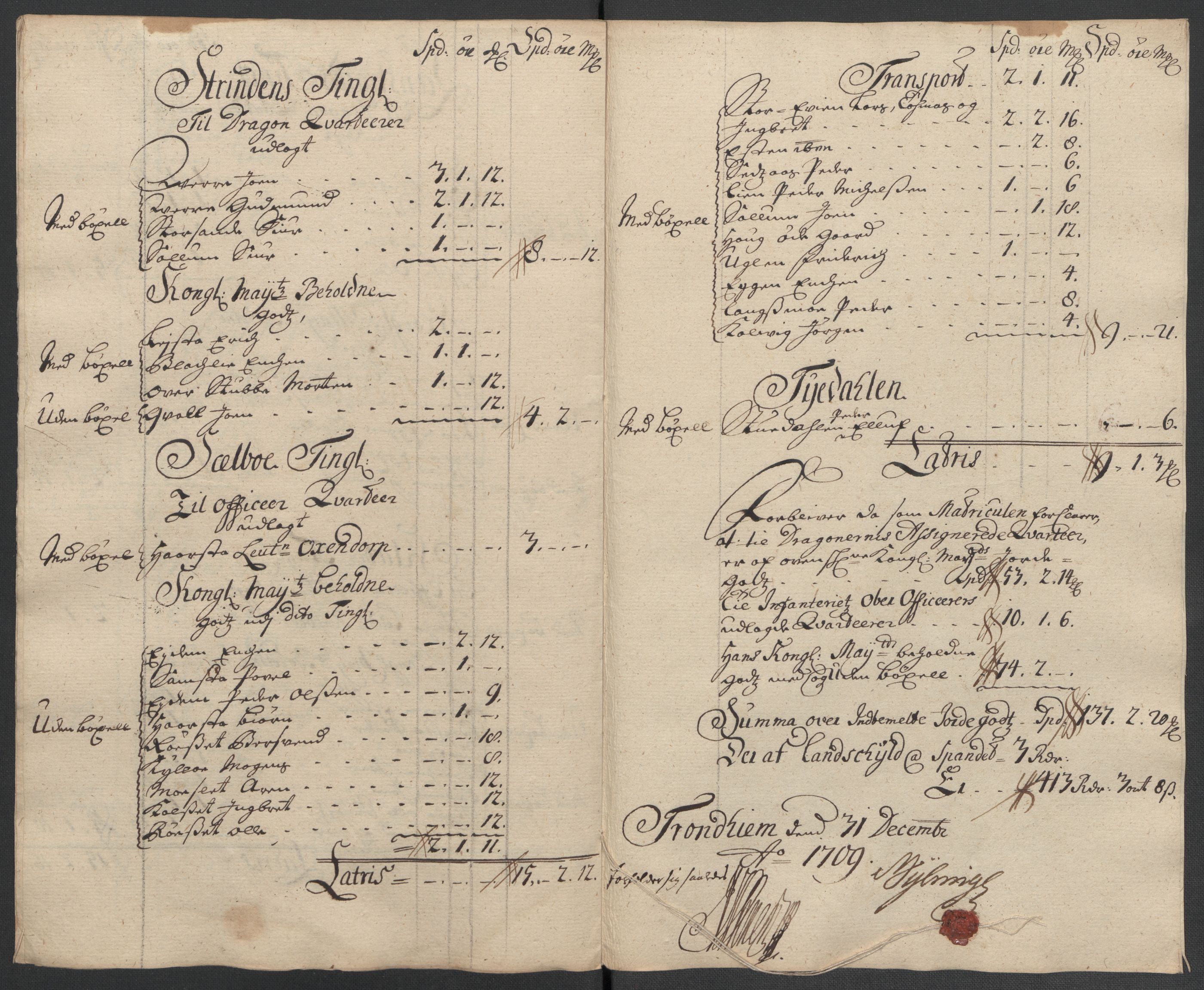 Rentekammeret inntil 1814, Reviderte regnskaper, Fogderegnskap, AV/RA-EA-4092/R61/L4111: Fogderegnskap Strinda og Selbu, 1709-1710, s. 117