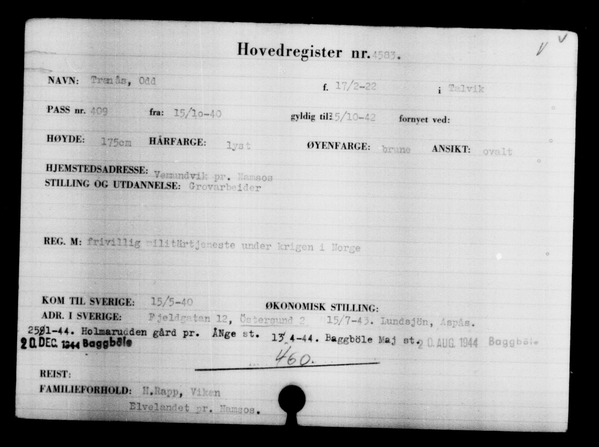 Utenriksstasjonene, Legasjonen i Stockholm, Flyktningkontoret, AV/RA-S-6753/V/Va/L0004: Kjesäterkartoteket, flyktninger med registreringsnr. 3496-6610, 1940-1945, s. 1292