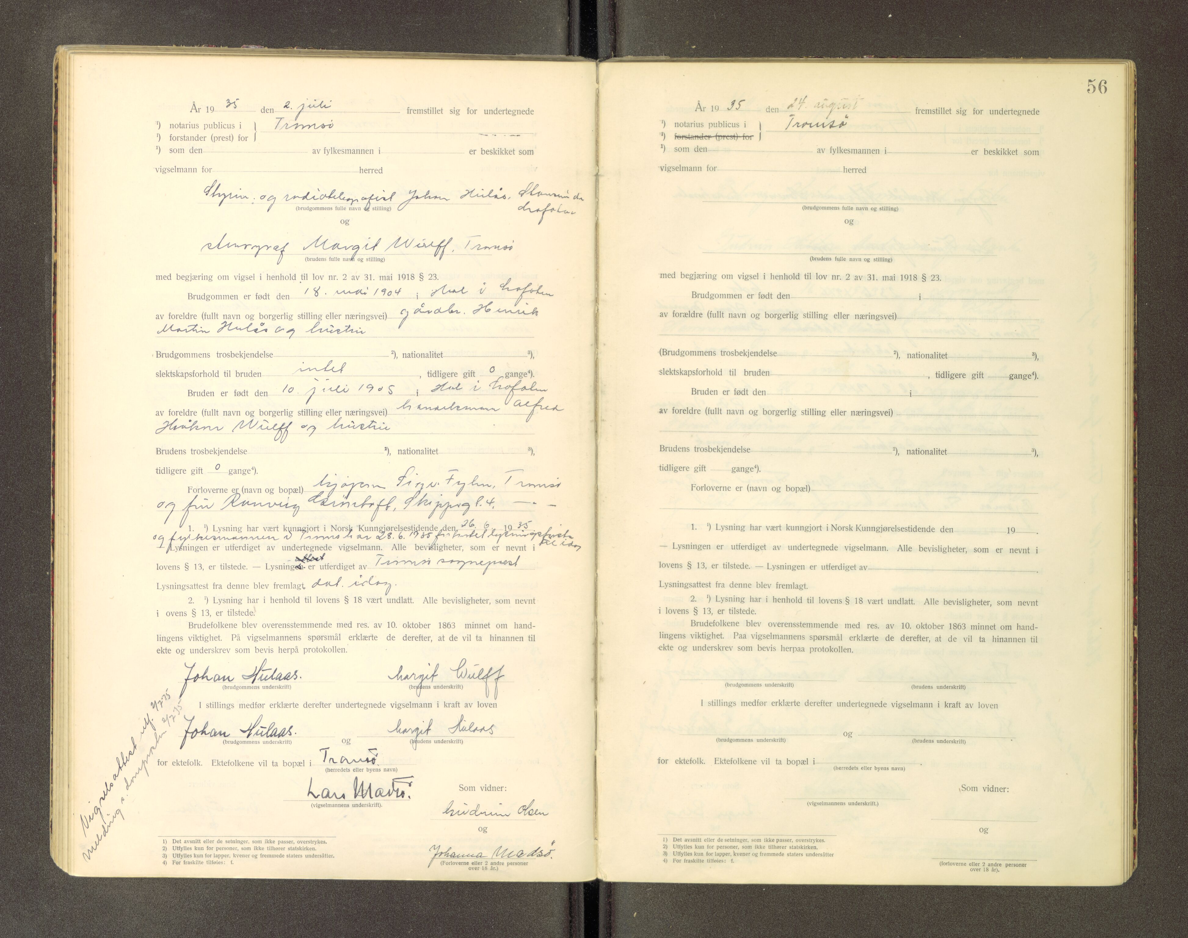 Tromsø byfogd/byrett, AV/SATØ-SATØ-0063/1/Ob/Obc/L0985: Vigselsbok, 1927-1942, s. 56