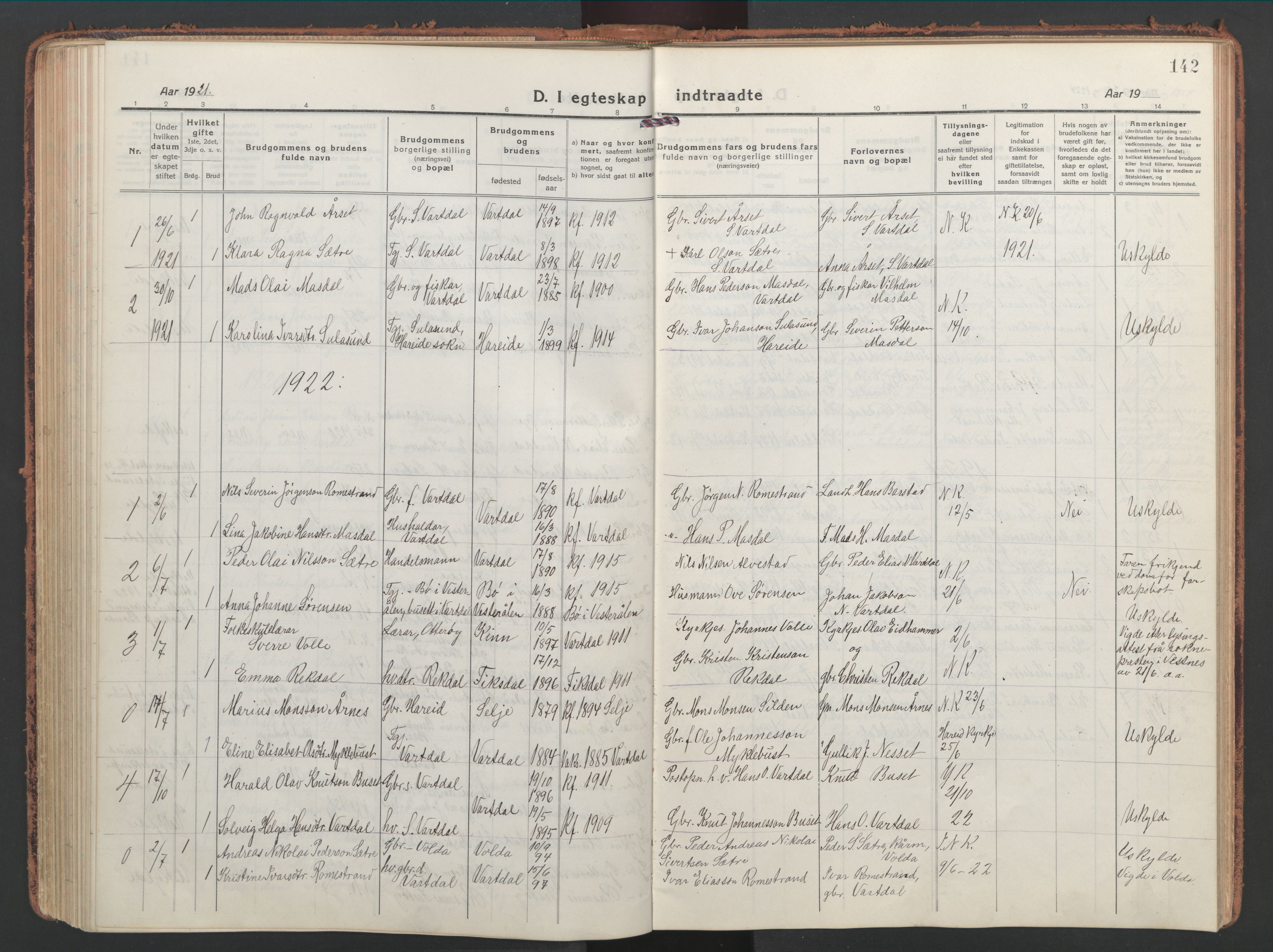 Ministerialprotokoller, klokkerbøker og fødselsregistre - Møre og Romsdal, AV/SAT-A-1454/514/L0202: Klokkerbok nr. 514C02, 1916-1944, s. 142