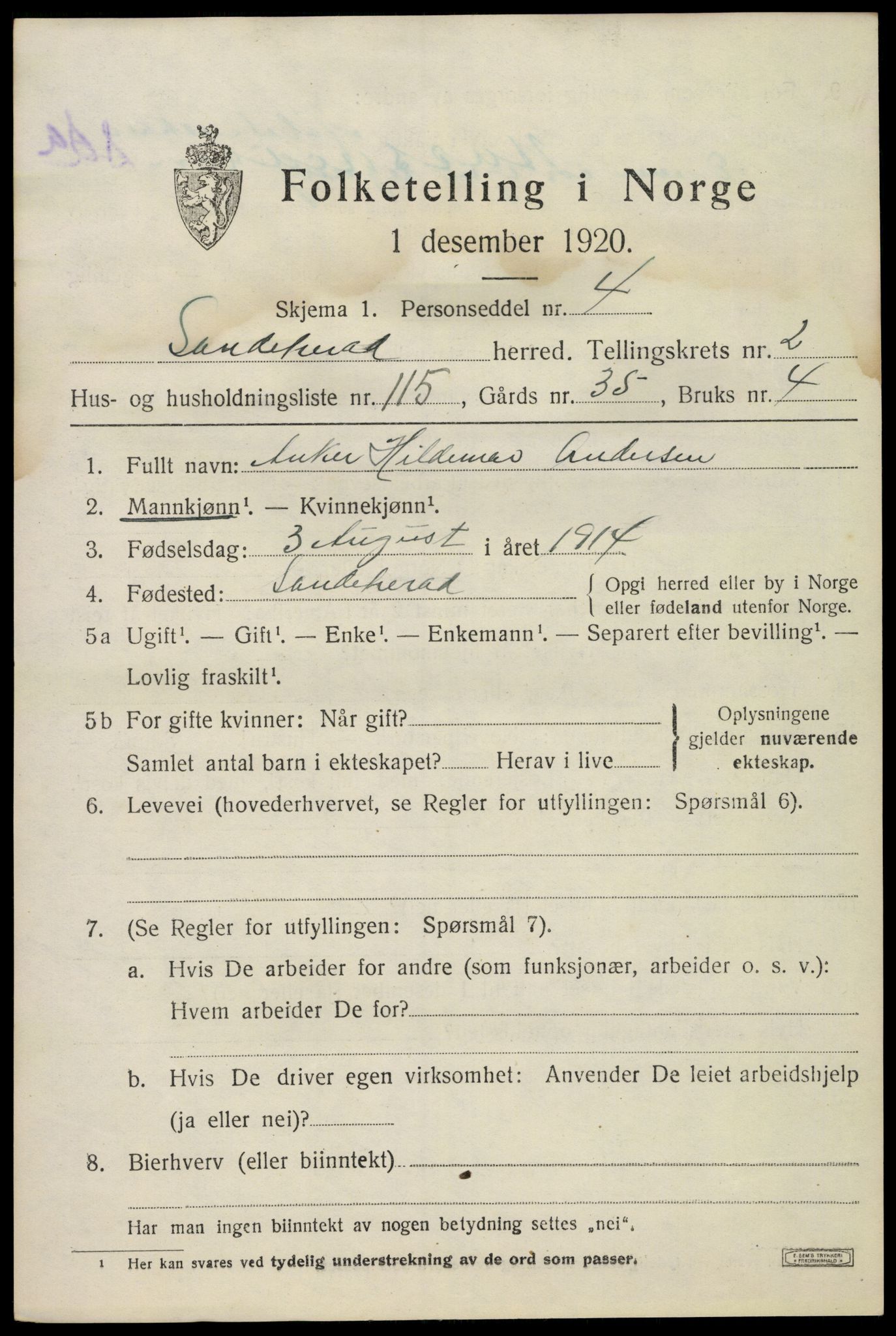 SAKO, Folketelling 1920 for 0724 Sandeherred herred, 1920, s. 5212
