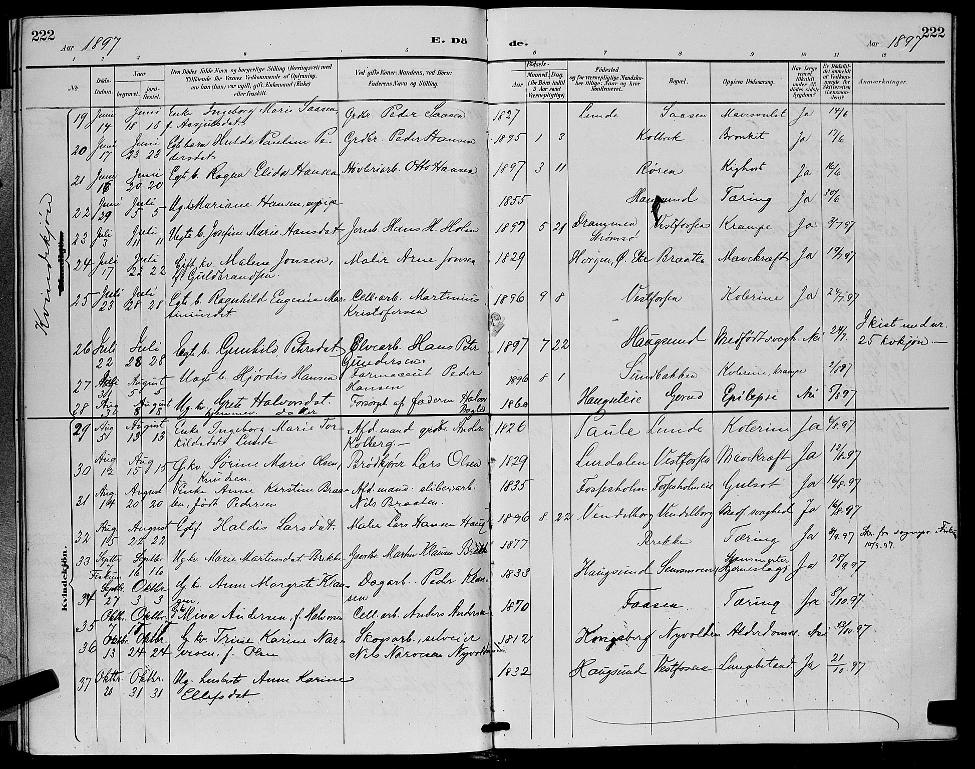 Eiker kirkebøker, AV/SAKO-A-4/G/Ga/L0007: Klokkerbok nr. I 7, 1893-1902, s. 222