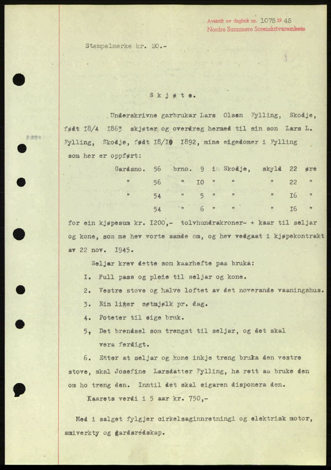 Nordre Sunnmøre sorenskriveri, SAT/A-0006/1/2/2C/2Ca: Pantebok nr. A20a, 1945-1945, Dagboknr: 1075/1945