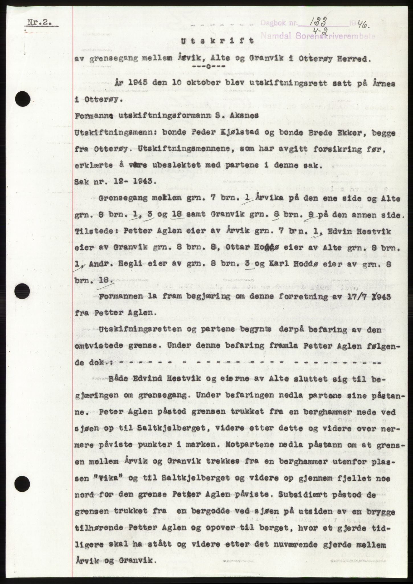 Namdal sorenskriveri, SAT/A-4133/1/2/2C: Pantebok nr. -, 1946-1946, Dagboknr: 133/1946