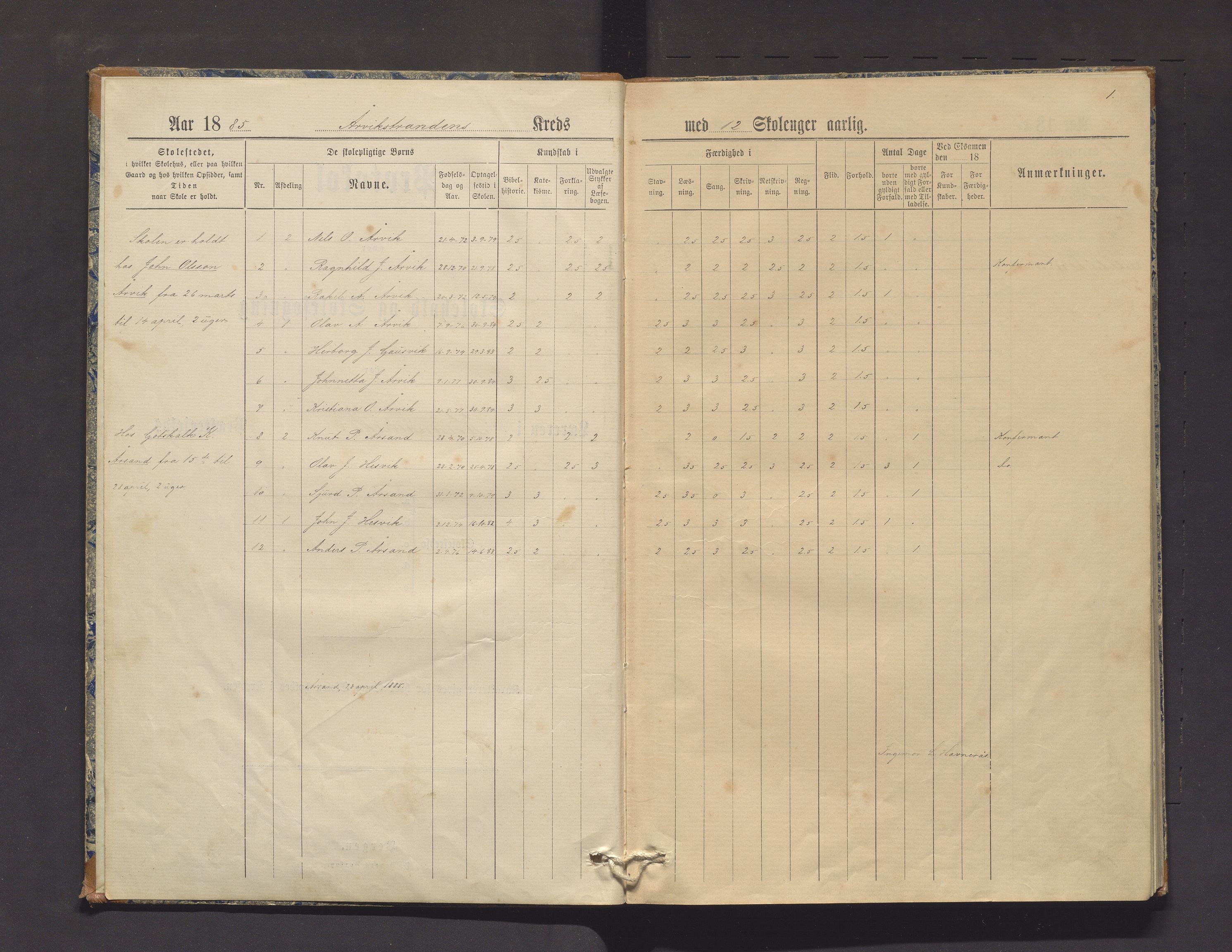 Kvinnherad kommune. Barneskulane, IKAH/1224-231/F/Fd/L0003: Skuleprotokoll for Årvikstranden, Gjetingsdalen og Nordrepollen krinsar, 1885-1895