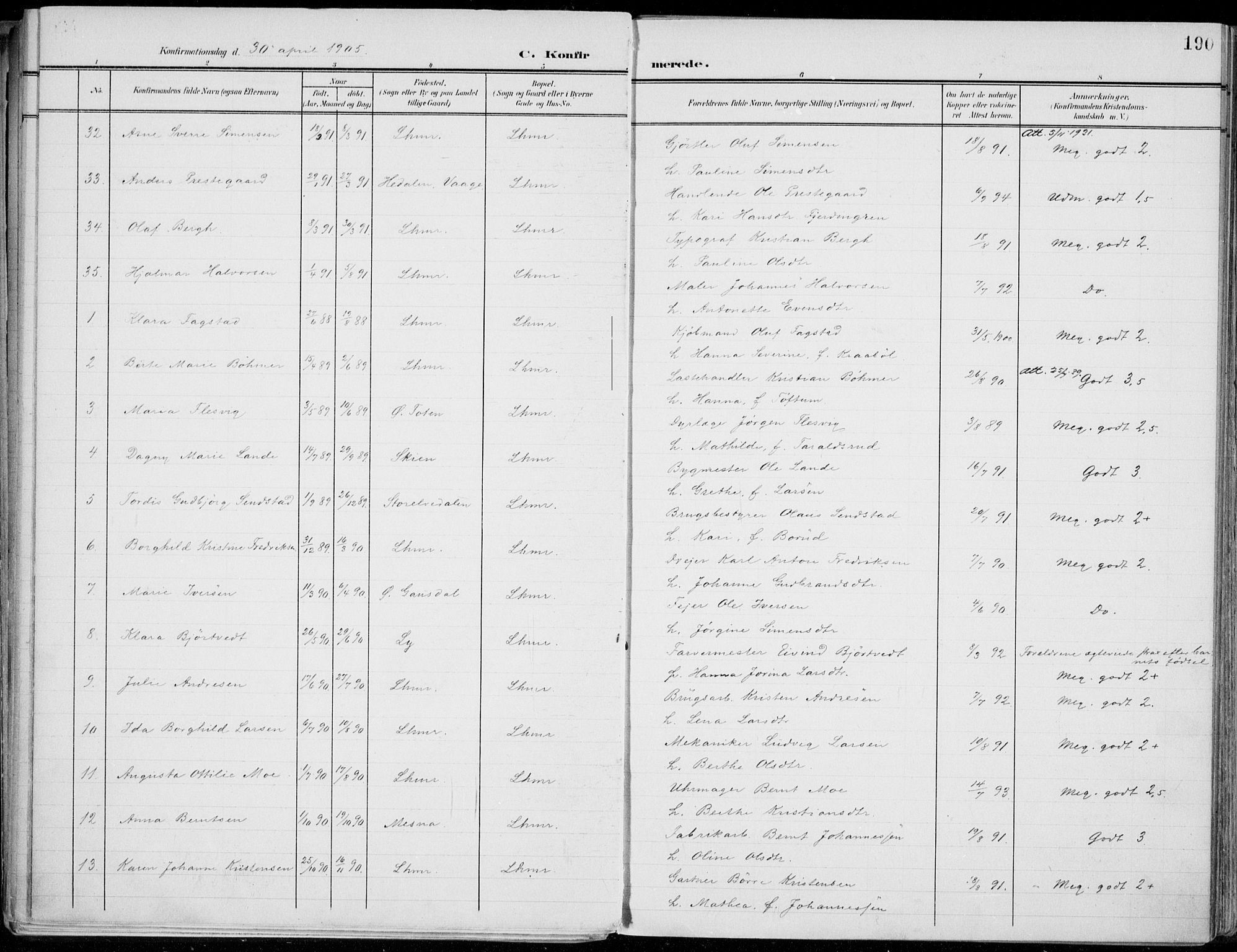 Lillehammer prestekontor, AV/SAH-PREST-088/H/Ha/Haa/L0001: Ministerialbok nr. 1, 1901-1916, s. 190