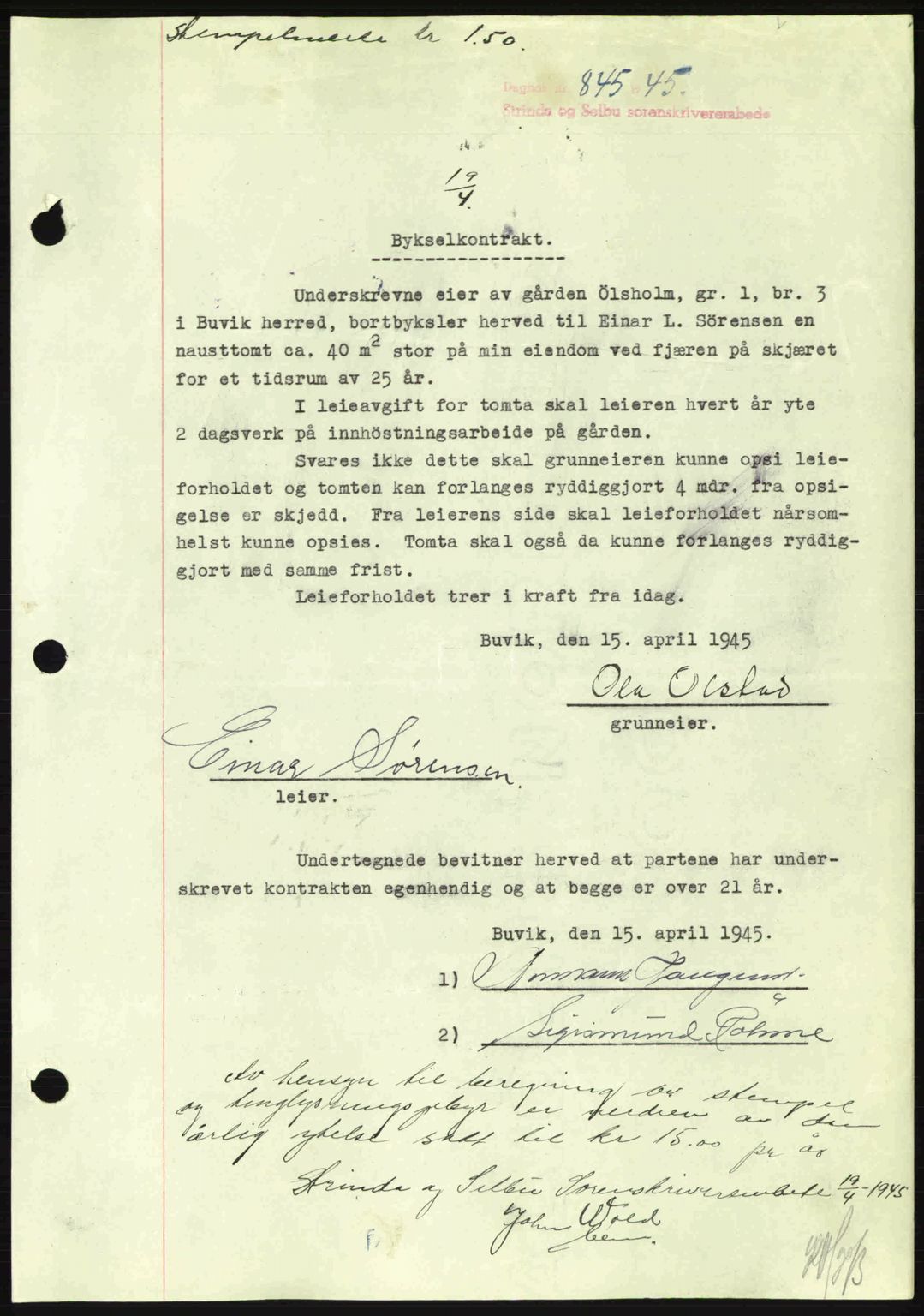 Strinda og Selbu sorenskriveri, SAT/A-0015/2/2C: Pantebok nr. A9, 1944-1945, Dagboknr: 845/1945