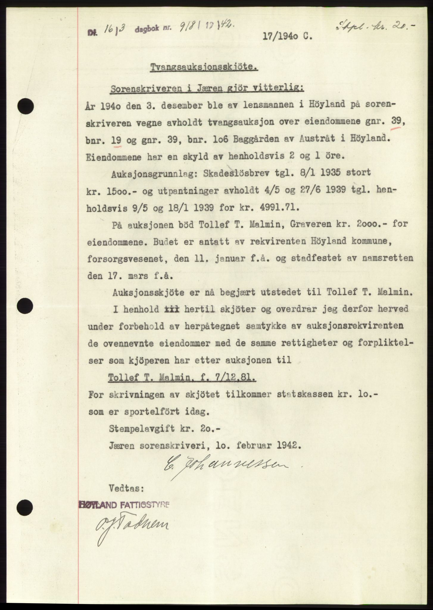 Jæren sorenskriveri, SAST/A-100310/03/G/Gba/L0082: Pantebok, 1942-1942, Dagboknr: 918/1942