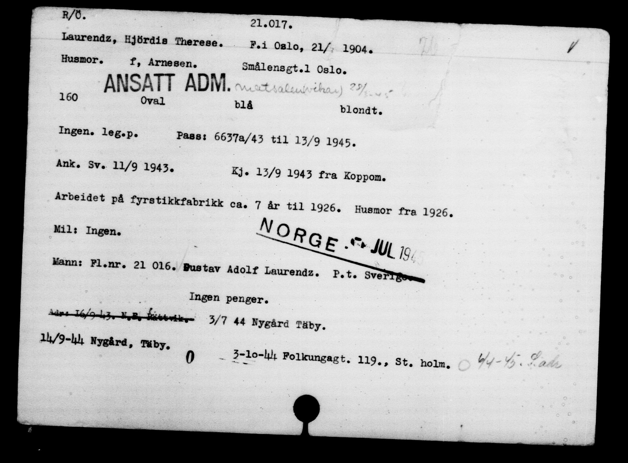 Utenriksstasjonene, Legasjonen i Stockholm, Flyktningkontoret, AV/RA-S-6753/V/Va/L0009: Kjesäterkartoteket, flyktninger med registreringsnr. 18502-22048, 1940-1945, s. 2008