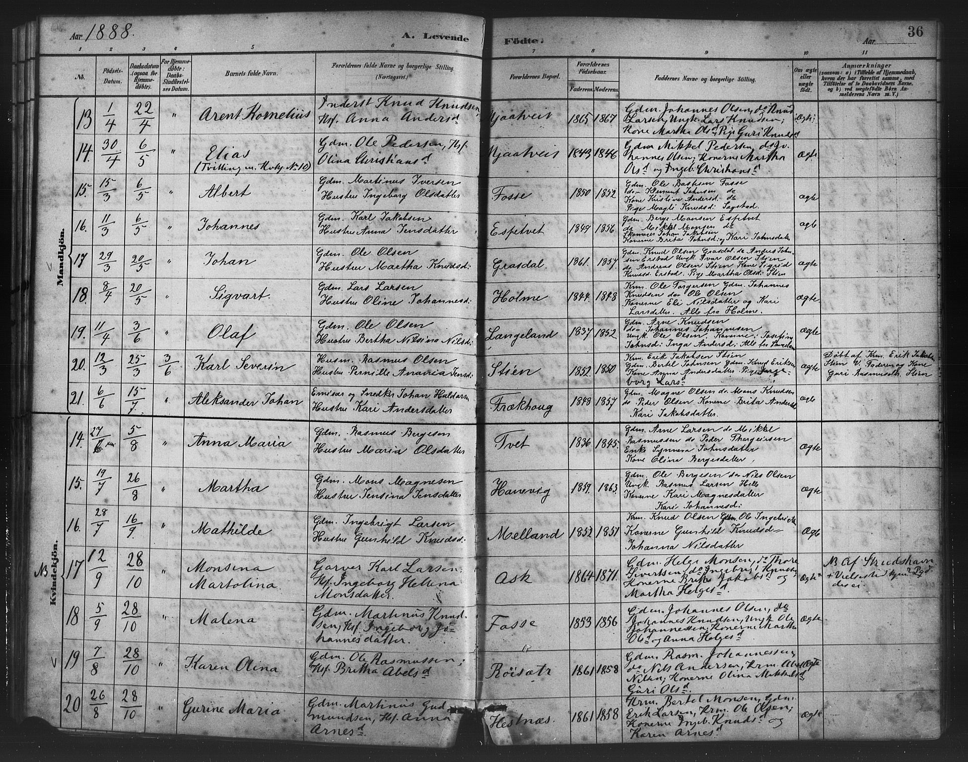 Alversund Sokneprestembete, AV/SAB-A-73901/H/Ha/Haa/Haac/L0001: Ministerialbok nr. C 1, 1882-1900, s. 36