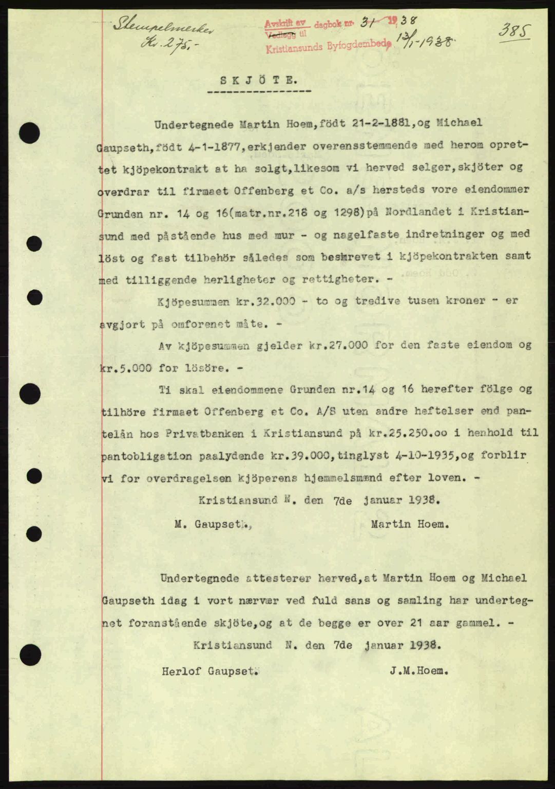 Kristiansund byfogd, AV/SAT-A-4587/A/27: Pantebok nr. 30, 1936-1941, Dagboknr: 31/1938