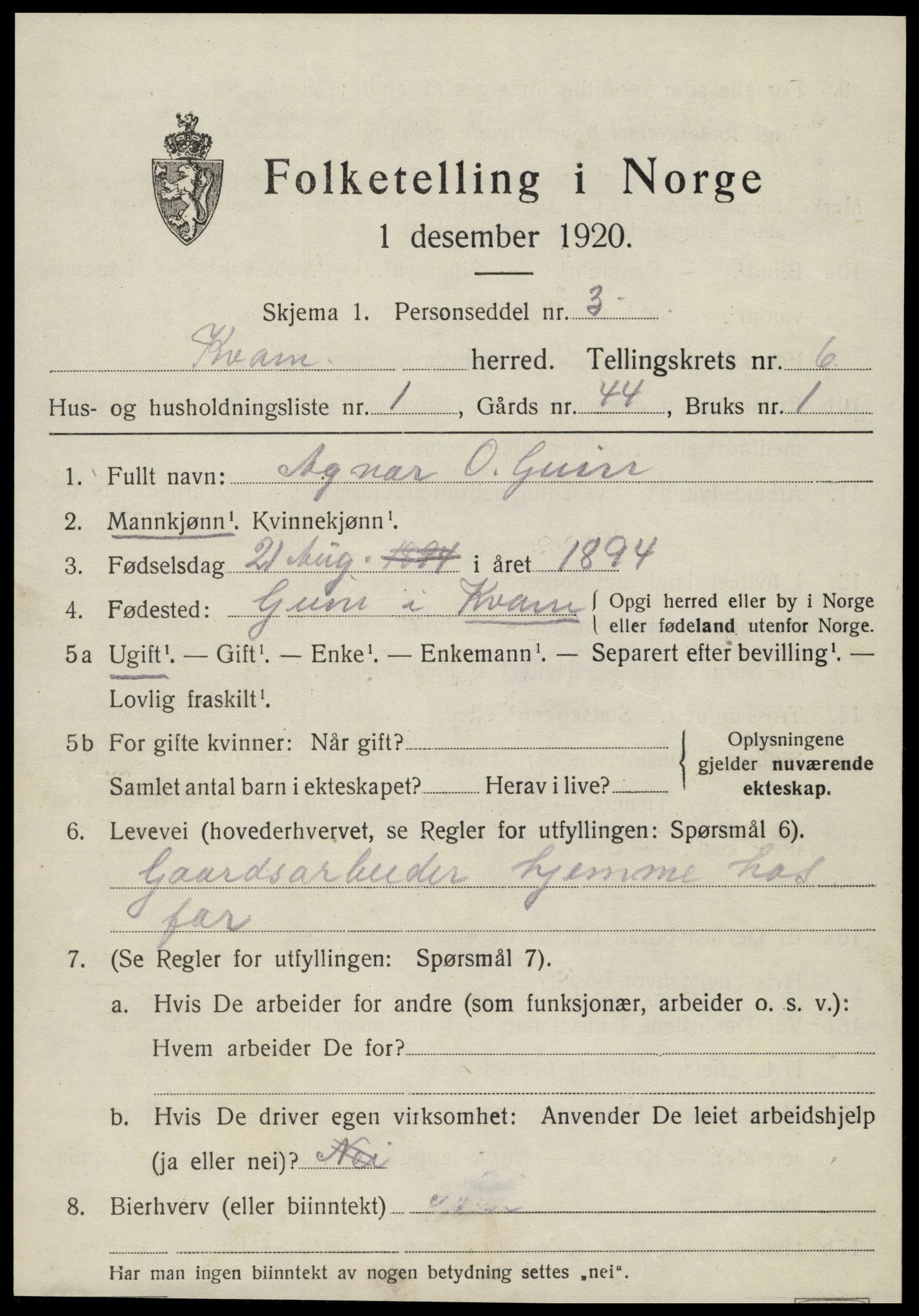 SAT, Folketelling 1920 for 1735 Kvam herred, 1920, s. 1587