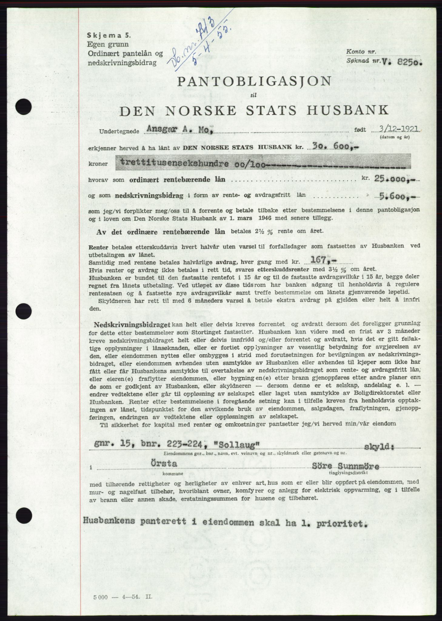 Søre Sunnmøre sorenskriveri, AV/SAT-A-4122/1/2/2C/L0126: Pantebok nr. 14B, 1954-1955, Dagboknr: 743/1955