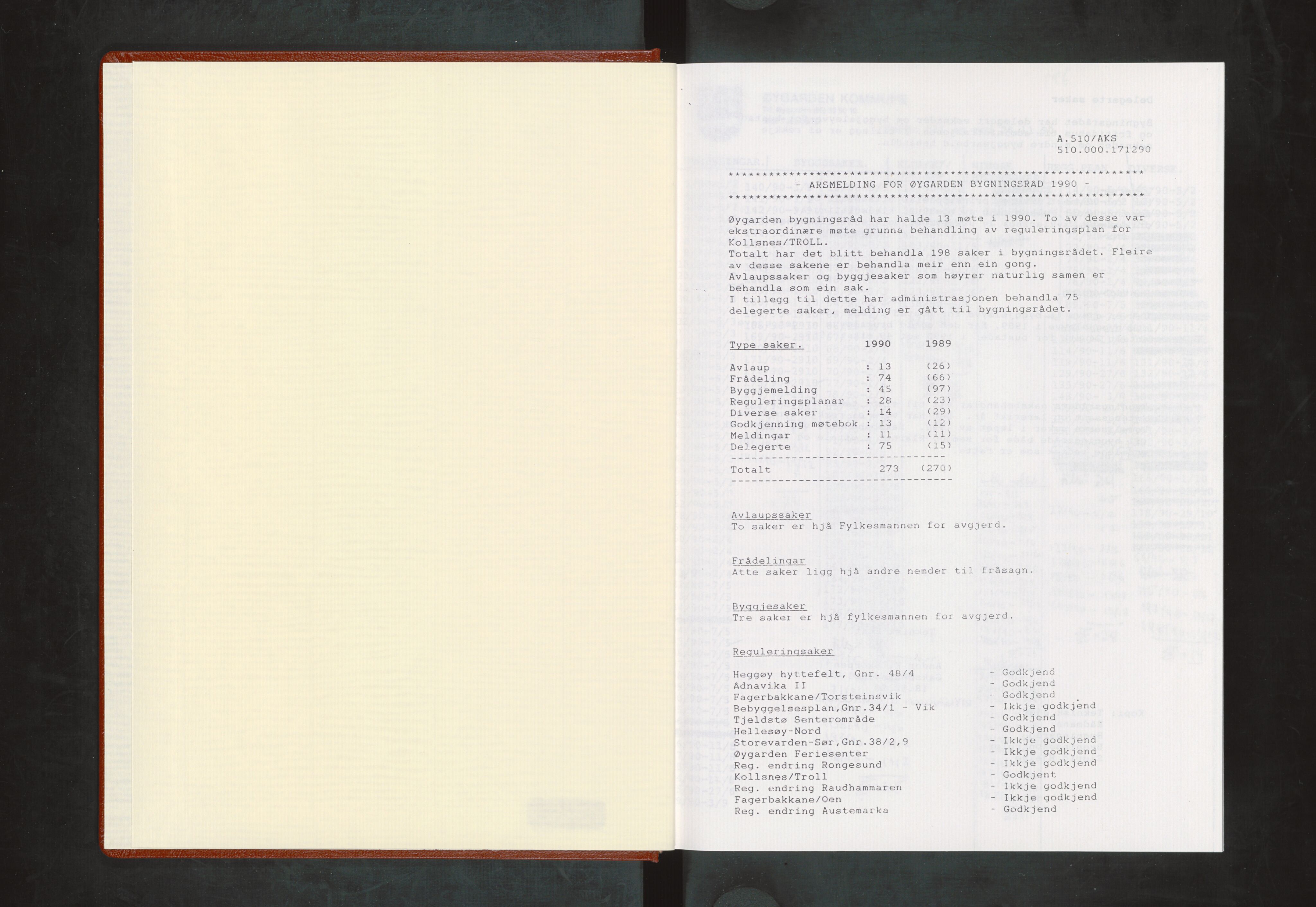 Øygarden kommune. Bygningsrådet, IKAH/1259b-511/A/Aa/L0027: Møtebok for Øygarden bygningsråd, 1990