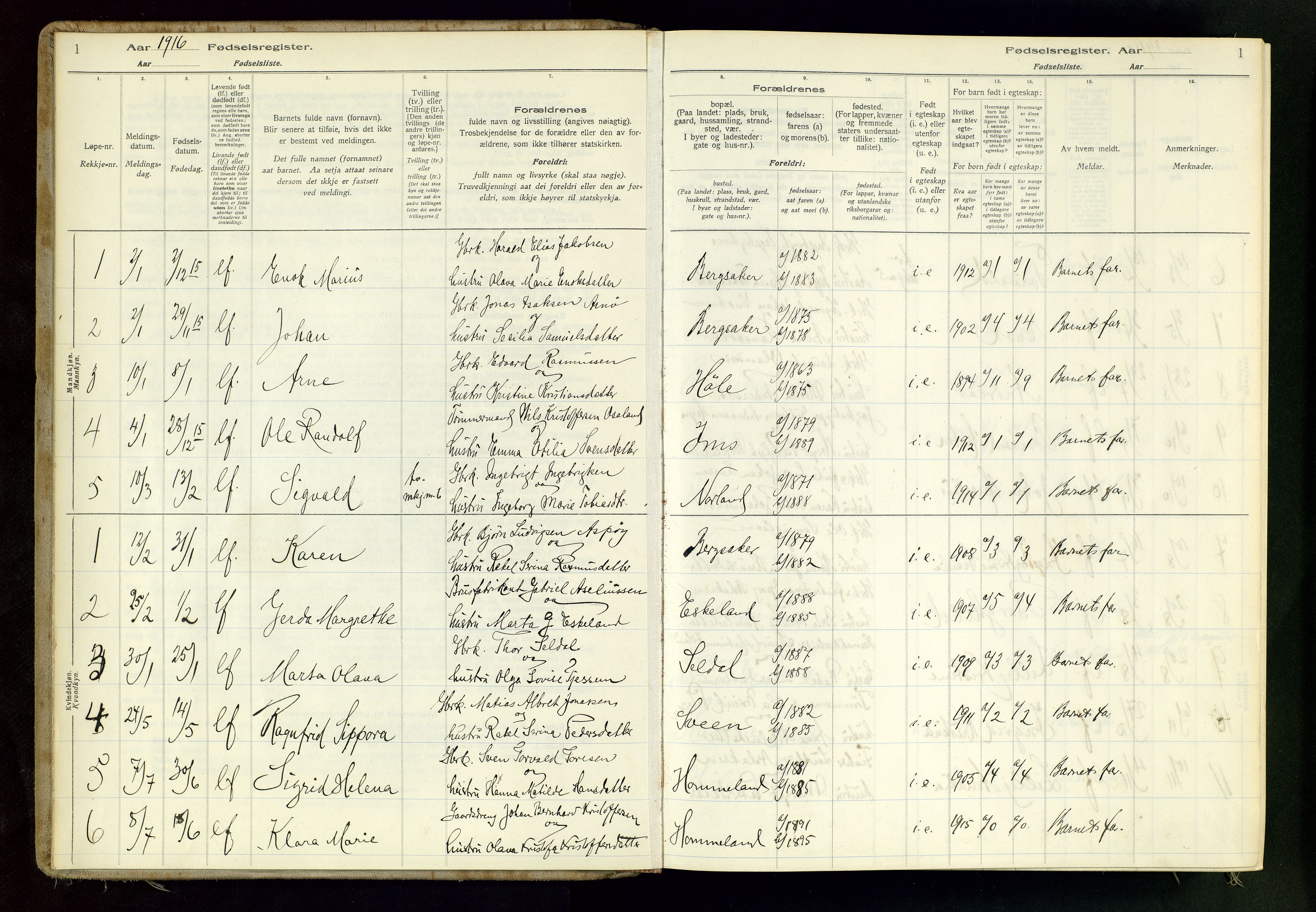 Høgsfjord sokneprestkontor, AV/SAST-A-101624/I/Id/L0001: Fødselsregister nr. 1, 1916-1982, s. 1