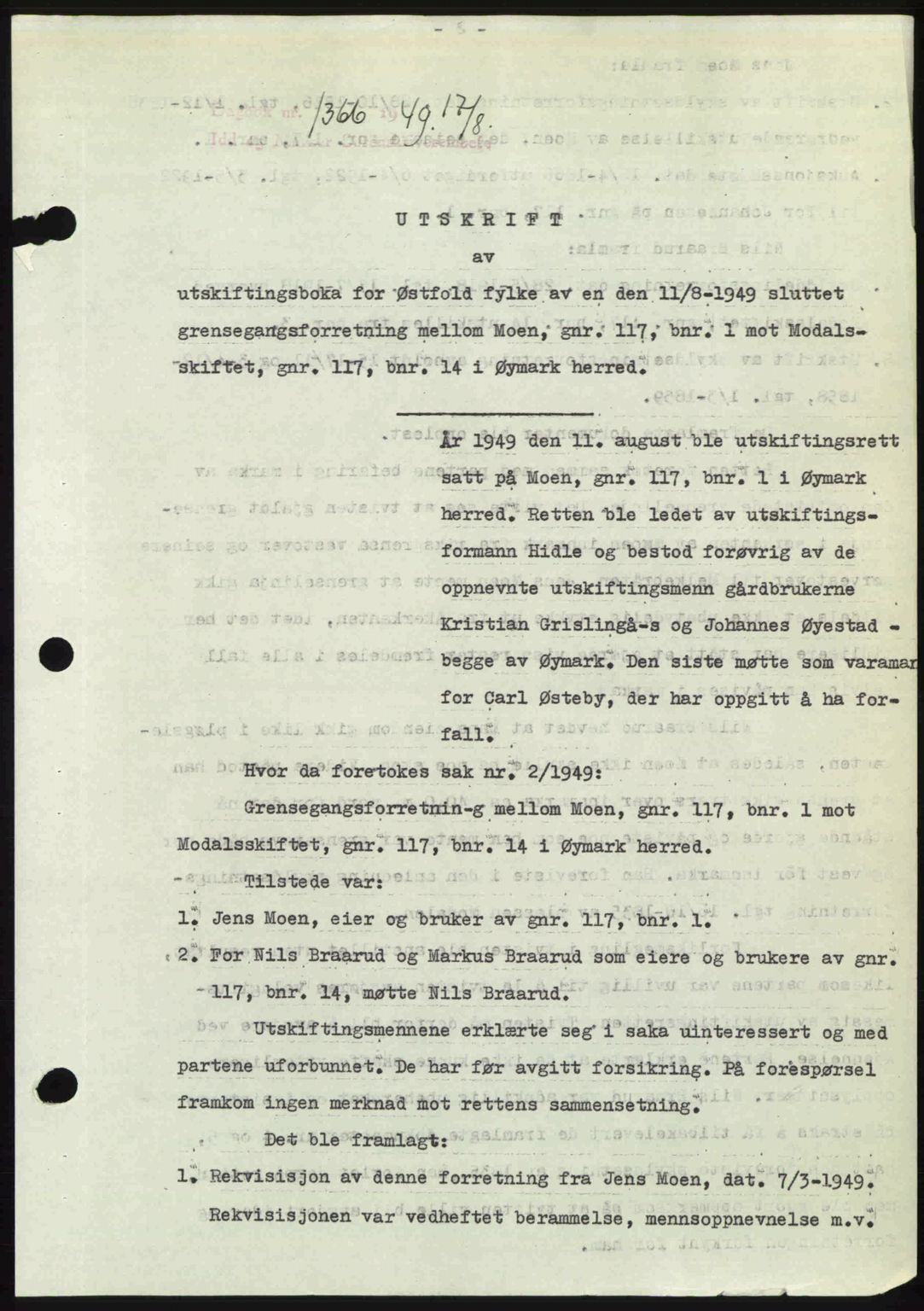 Idd og Marker sorenskriveri, AV/SAO-A-10283/G/Gb/Gbb/L0012: Pantebok nr. A12, 1949-1949, Dagboknr: 1366/1949