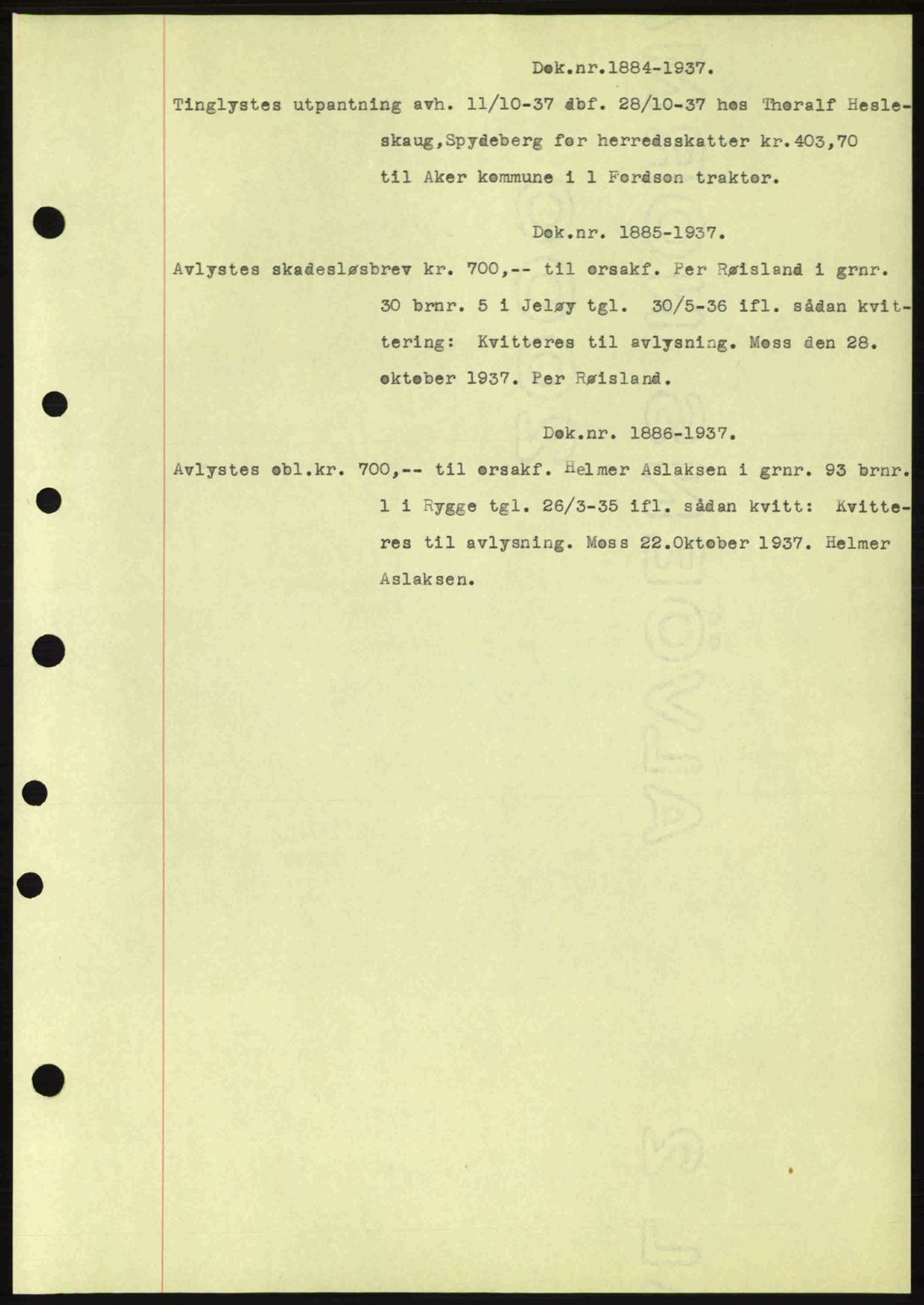 Moss sorenskriveri, SAO/A-10168: Pantebok nr. B4, 1937-1938, Dagboknr: 1884/1937