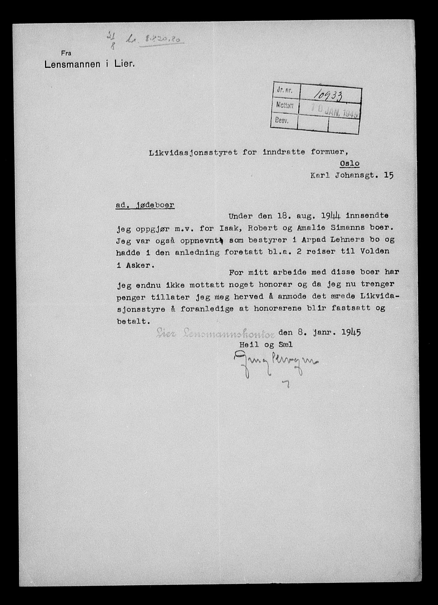 Justisdepartementet, Tilbakeføringskontoret for inndratte formuer, RA/S-1564/H/Hc/Hcd/L1007: --, 1945-1947, s. 107