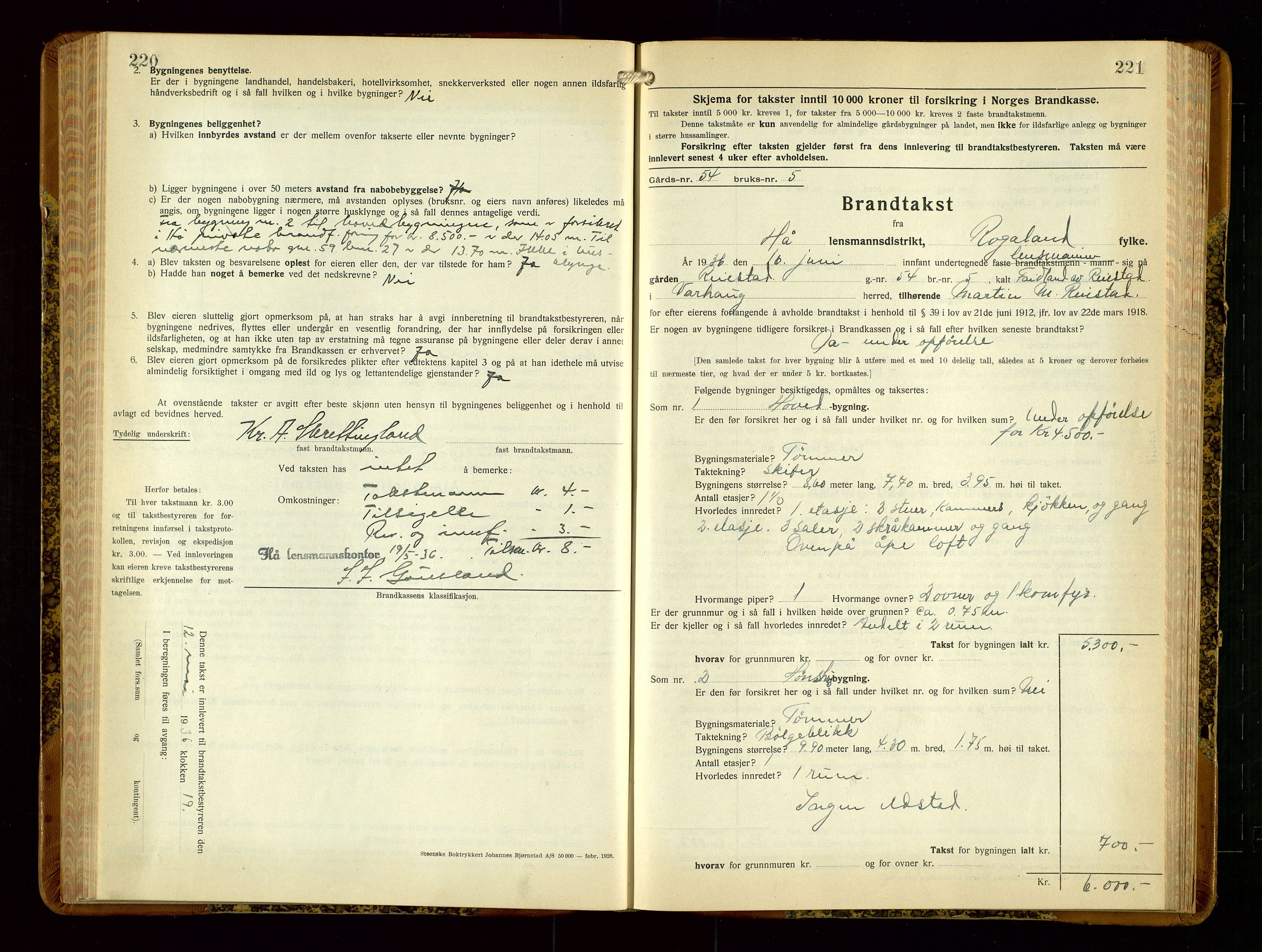 Hå lensmannskontor, AV/SAST-A-100456/Goa/L0006: Takstprotokoll (skjema), 1932-1938, s. 220-221