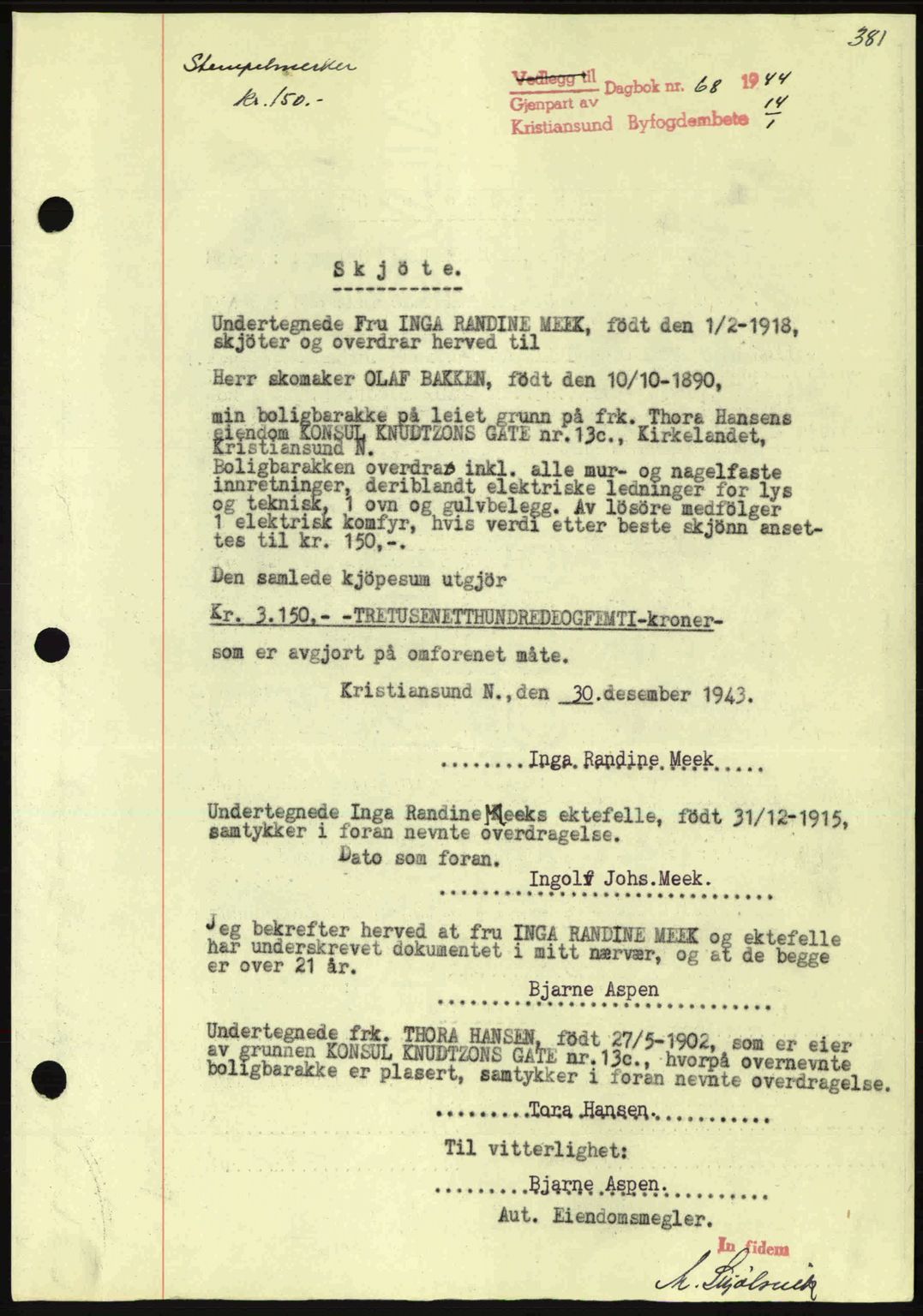 Kristiansund byfogd, AV/SAT-A-4587/A/27: Pantebok nr. 34, 1941-1945, Dagboknr: 68/1944