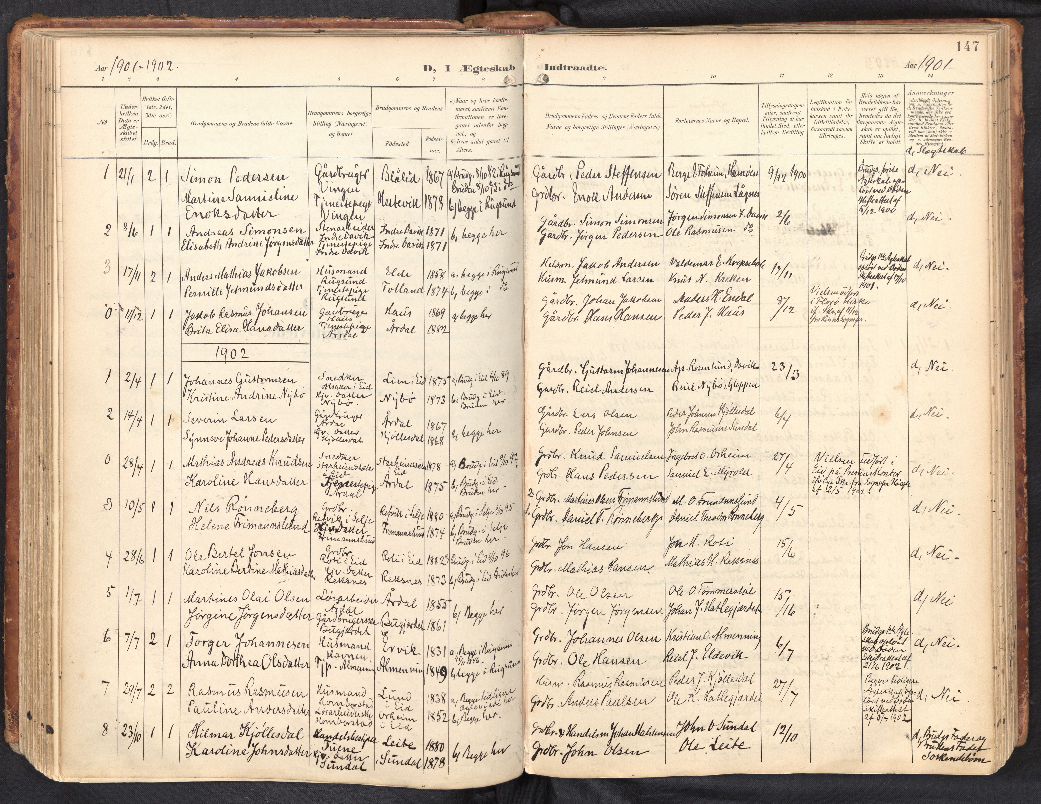 Davik sokneprestembete, AV/SAB-A-79701/H/Haa/Haab/L0002: Ministerialbok nr. B 2, 1901-1934, s. 147