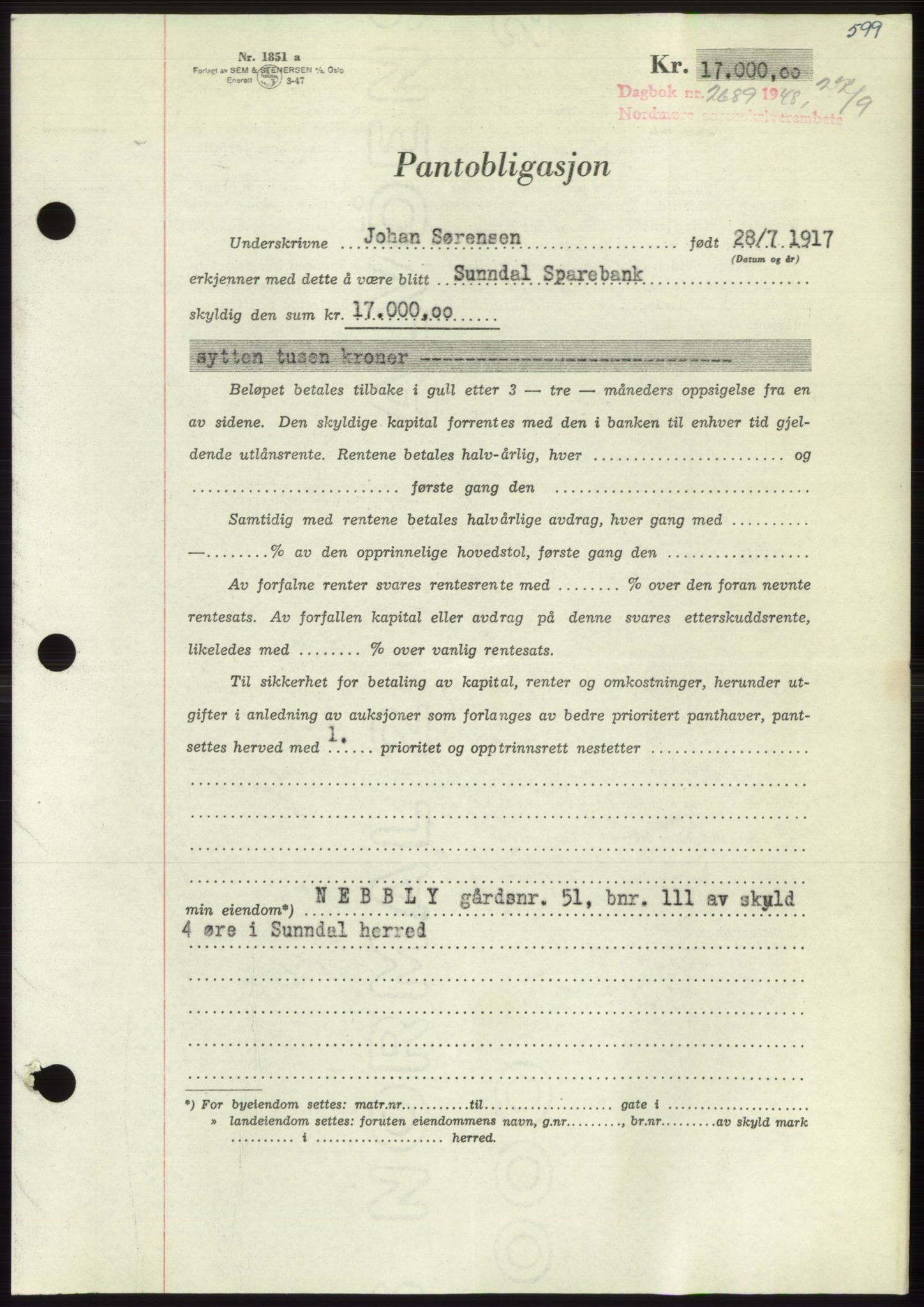 Nordmøre sorenskriveri, AV/SAT-A-4132/1/2/2Ca: Pantebok nr. B99, 1948-1948, Dagboknr: 2689/1948