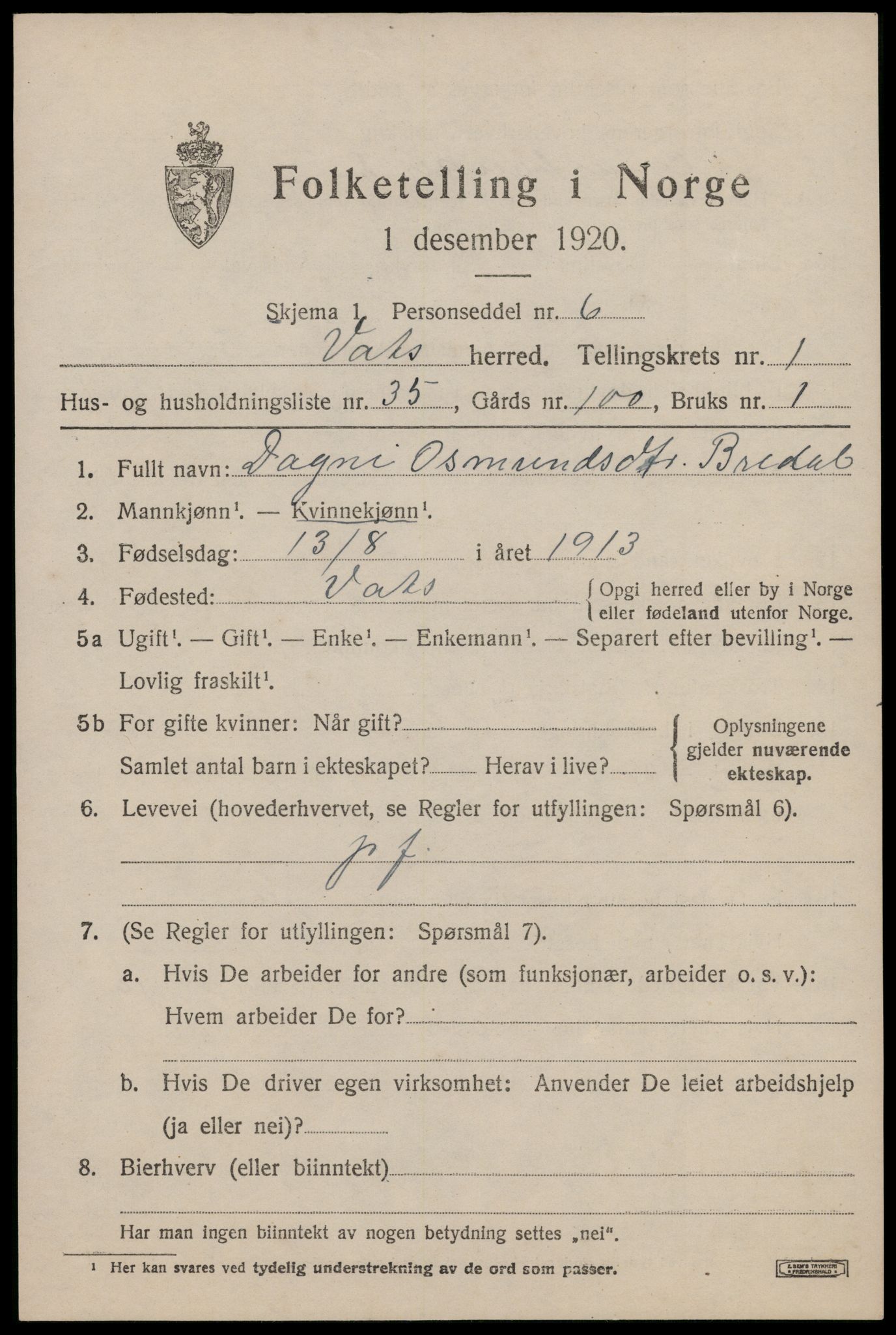 SAST, Folketelling 1920 for 1155 Vats herred, 1920, s. 807