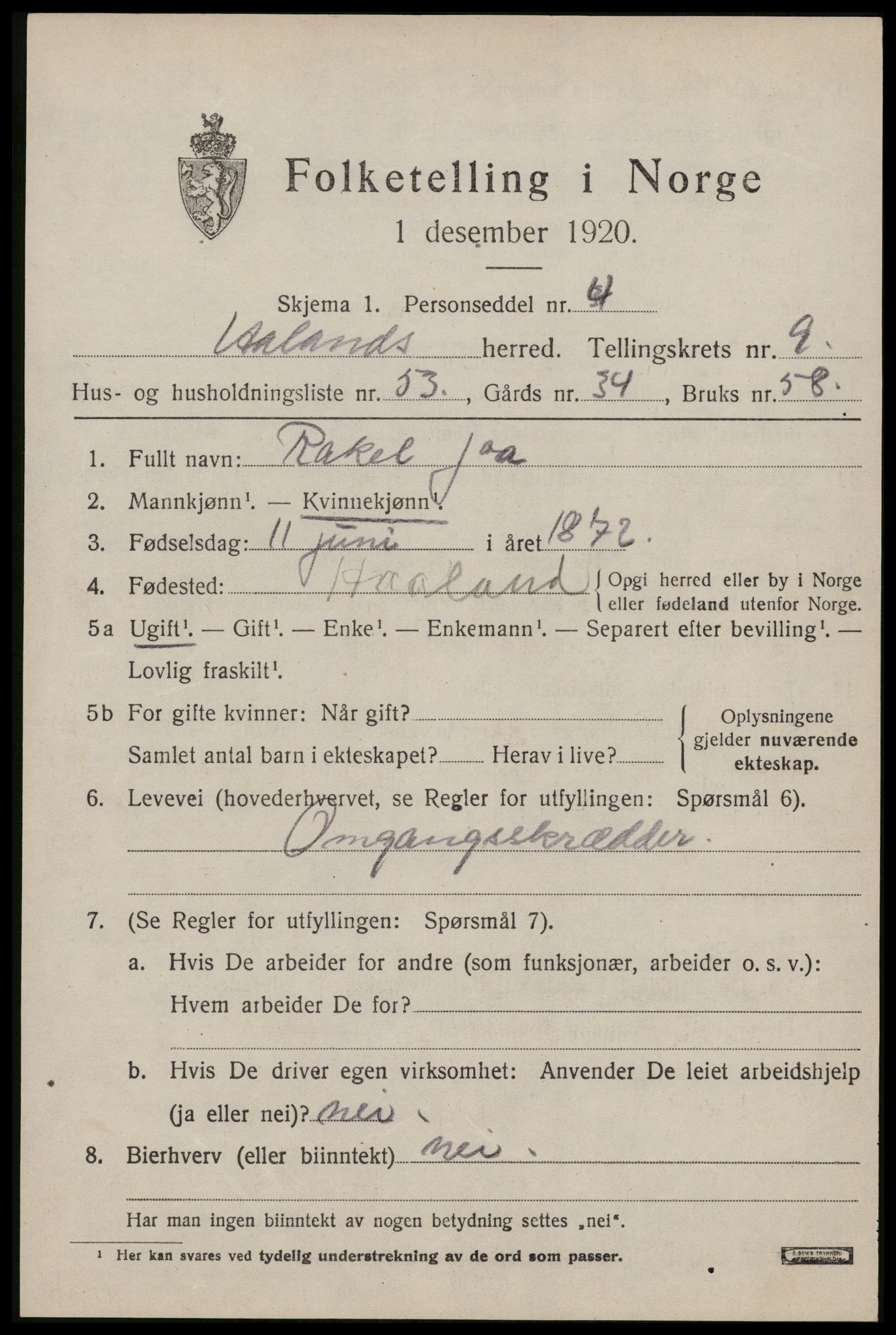 SAST, Folketelling 1920 for 1124 Håland herred, 1920, s. 7507