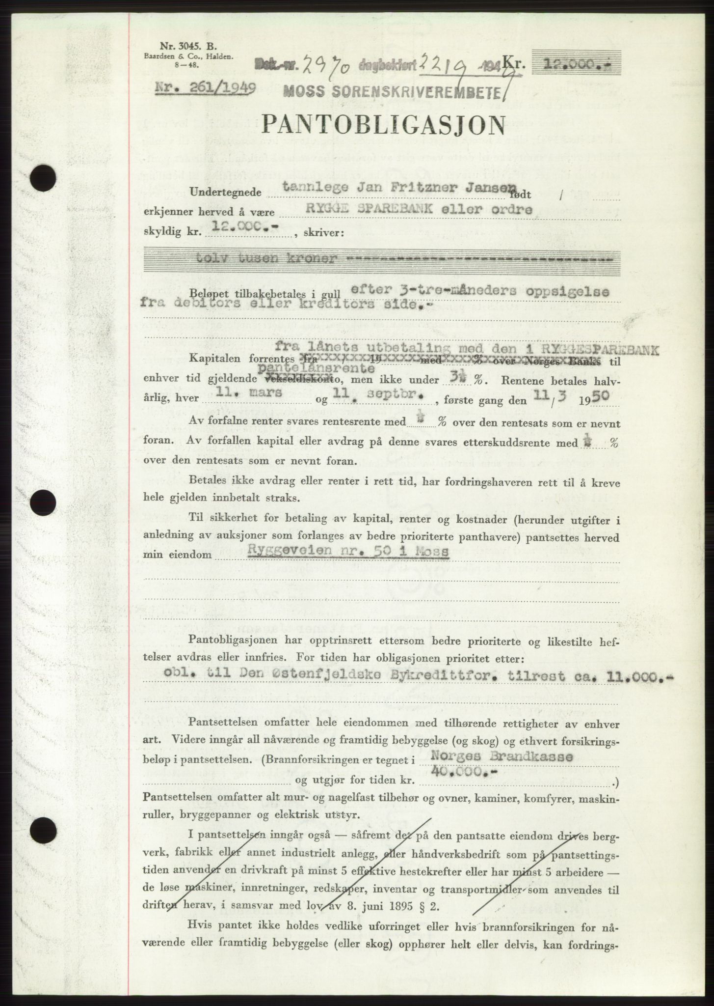 Moss sorenskriveri, SAO/A-10168: Pantebok nr. B22, 1949-1949, Dagboknr: 2970/1949