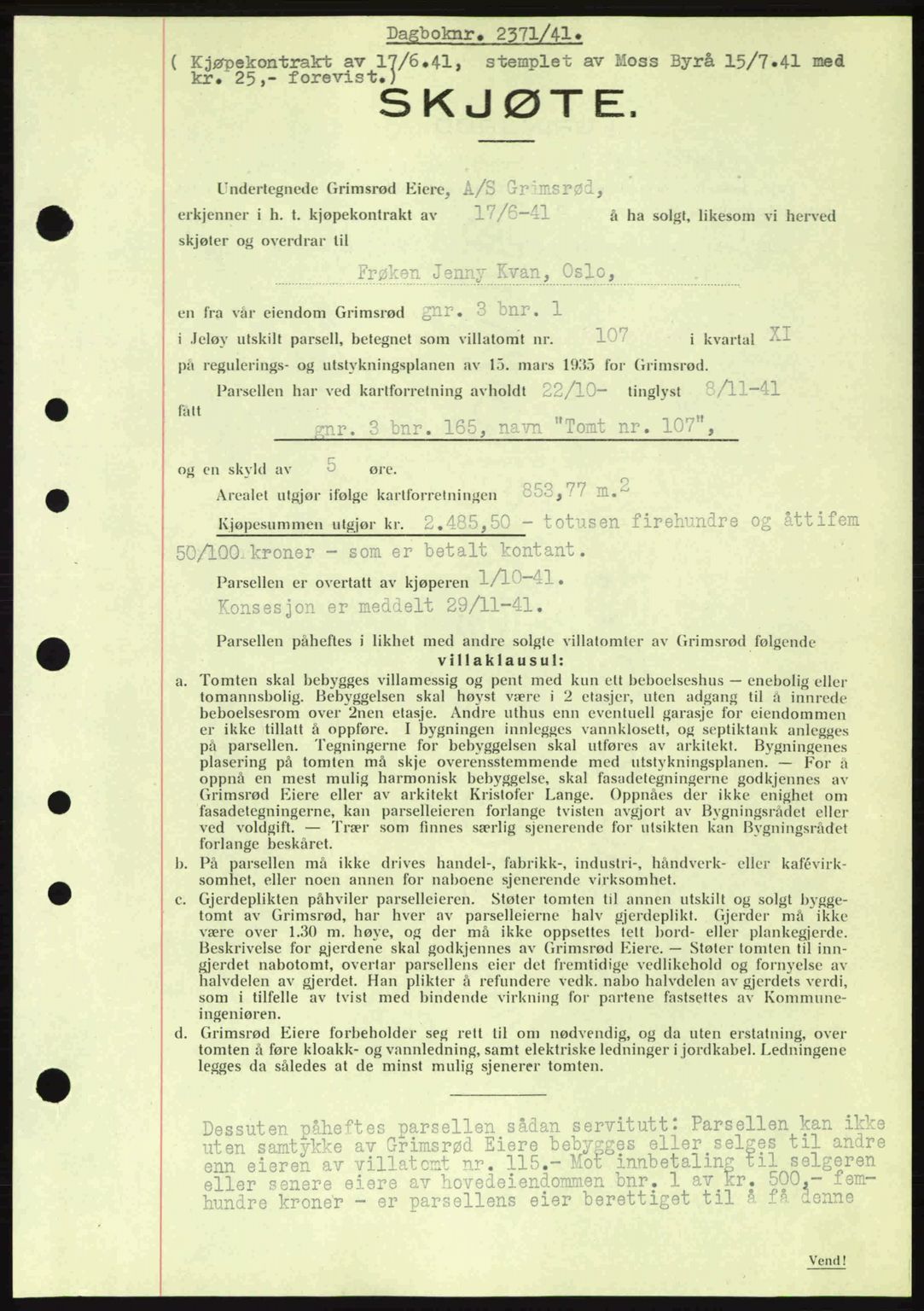 Moss sorenskriveri, SAO/A-10168: Pantebok nr. A9, 1941-1942, Dagboknr: 2371/1941
