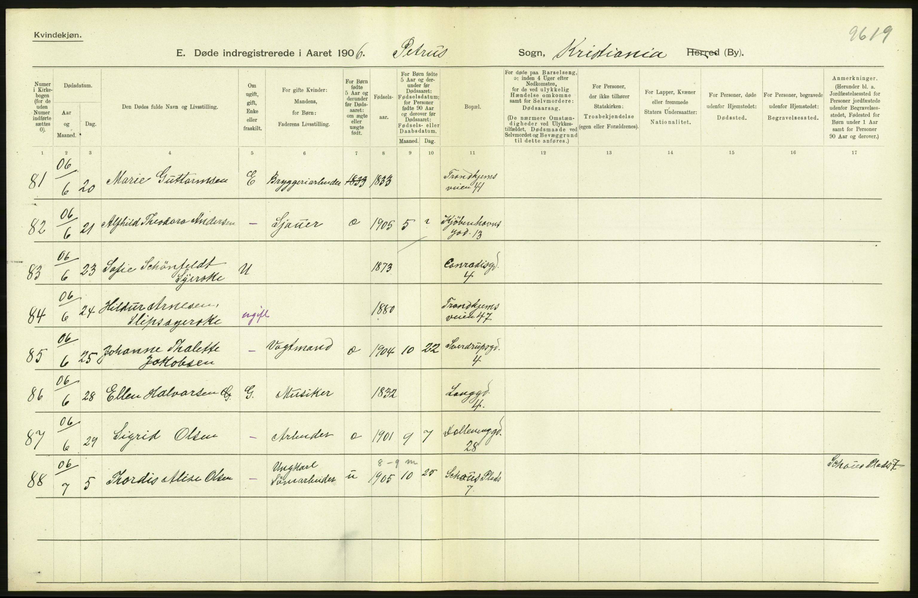 Statistisk sentralbyrå, Sosiodemografiske emner, Befolkning, AV/RA-S-2228/D/Df/Dfa/Dfad/L0009: Kristiania: Døde, 1906, s. 386