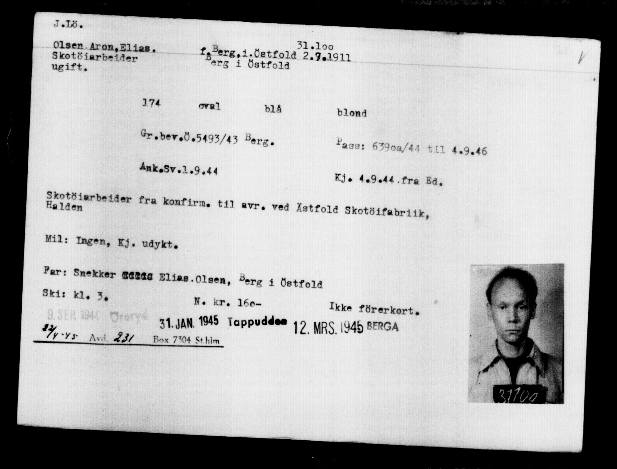 Den Kgl. Norske Legasjons Flyktningskontor, AV/RA-S-6753/V/Va/L0012: Kjesäterkartoteket.  Flyktningenr. 28300-31566, 1940-1945, s. 3034