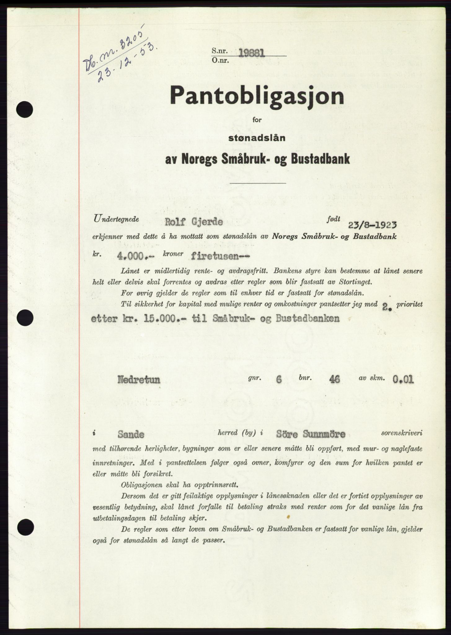 Søre Sunnmøre sorenskriveri, AV/SAT-A-4122/1/2/2C/L0124: Pantebok nr. 12B, 1953-1954, Dagboknr: 3205/1953